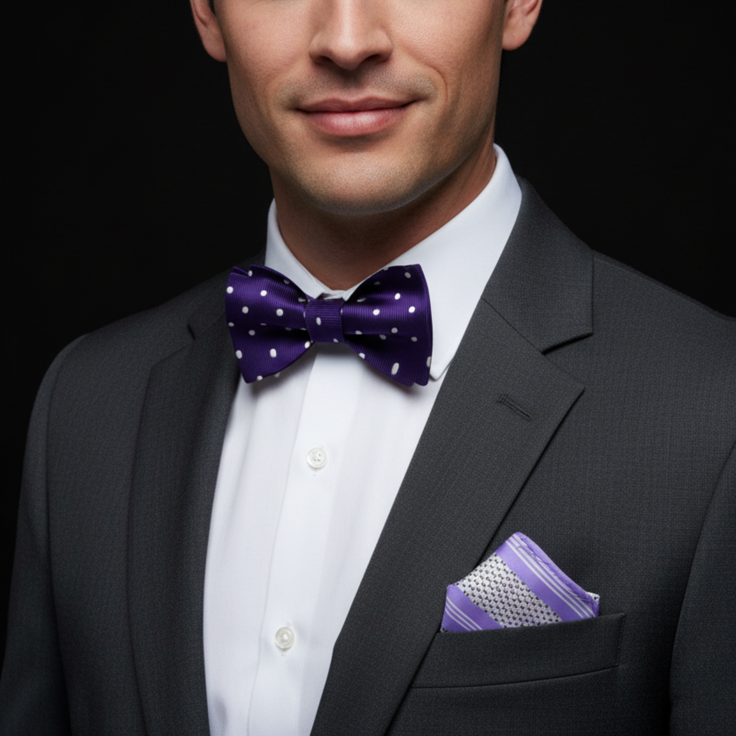 Man wearing a black suit with a purple bow tie and matching pocket square on a dark background