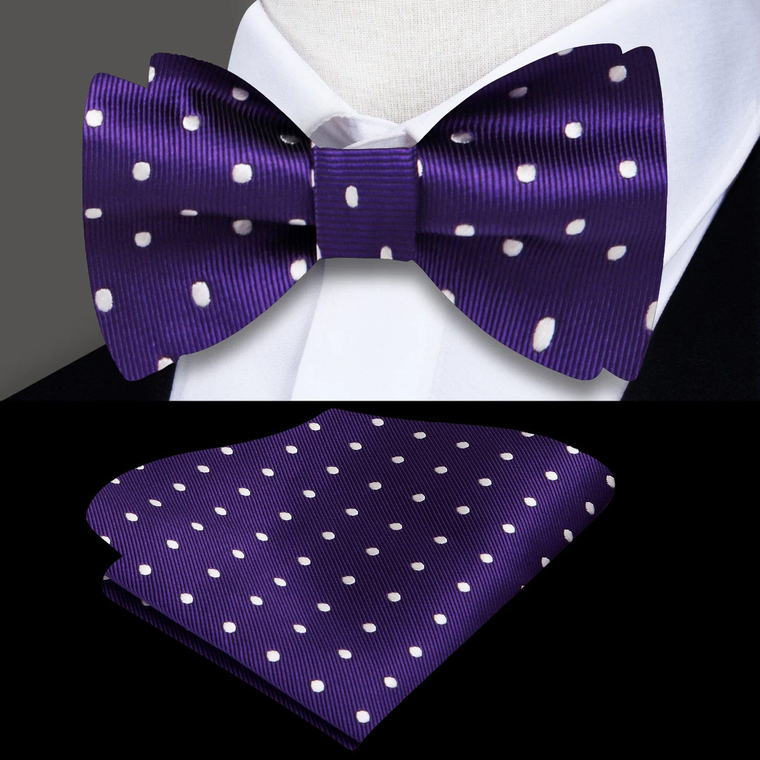 Purple White Polka Bow Tie and Square