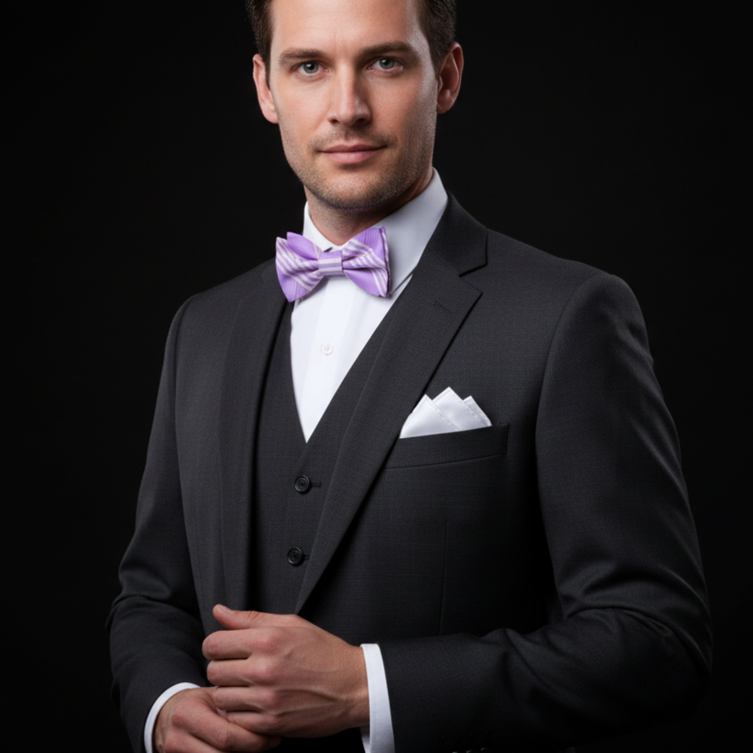 Light Purple, Ghost White Plaid Bow Tie And White Pocket Square