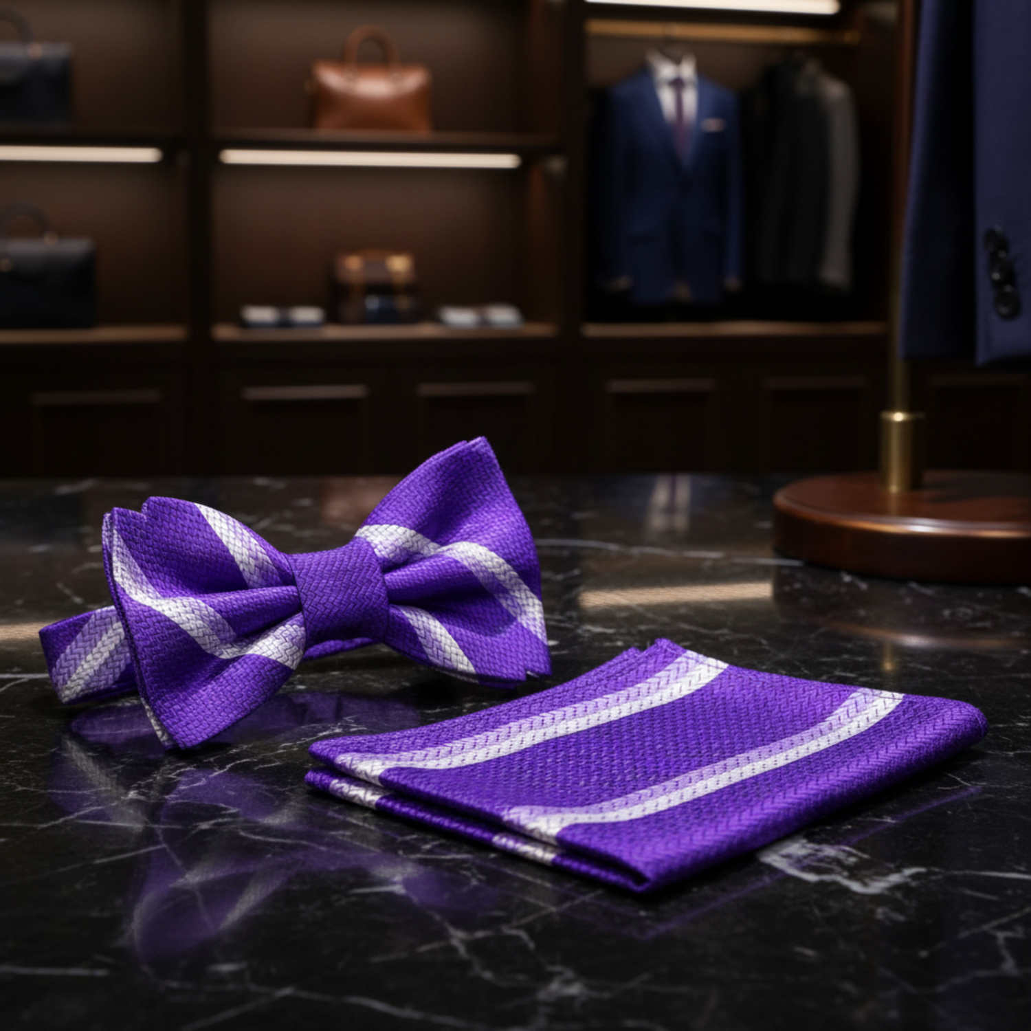 Purple White Stripe Bow Tie and Pocket Square