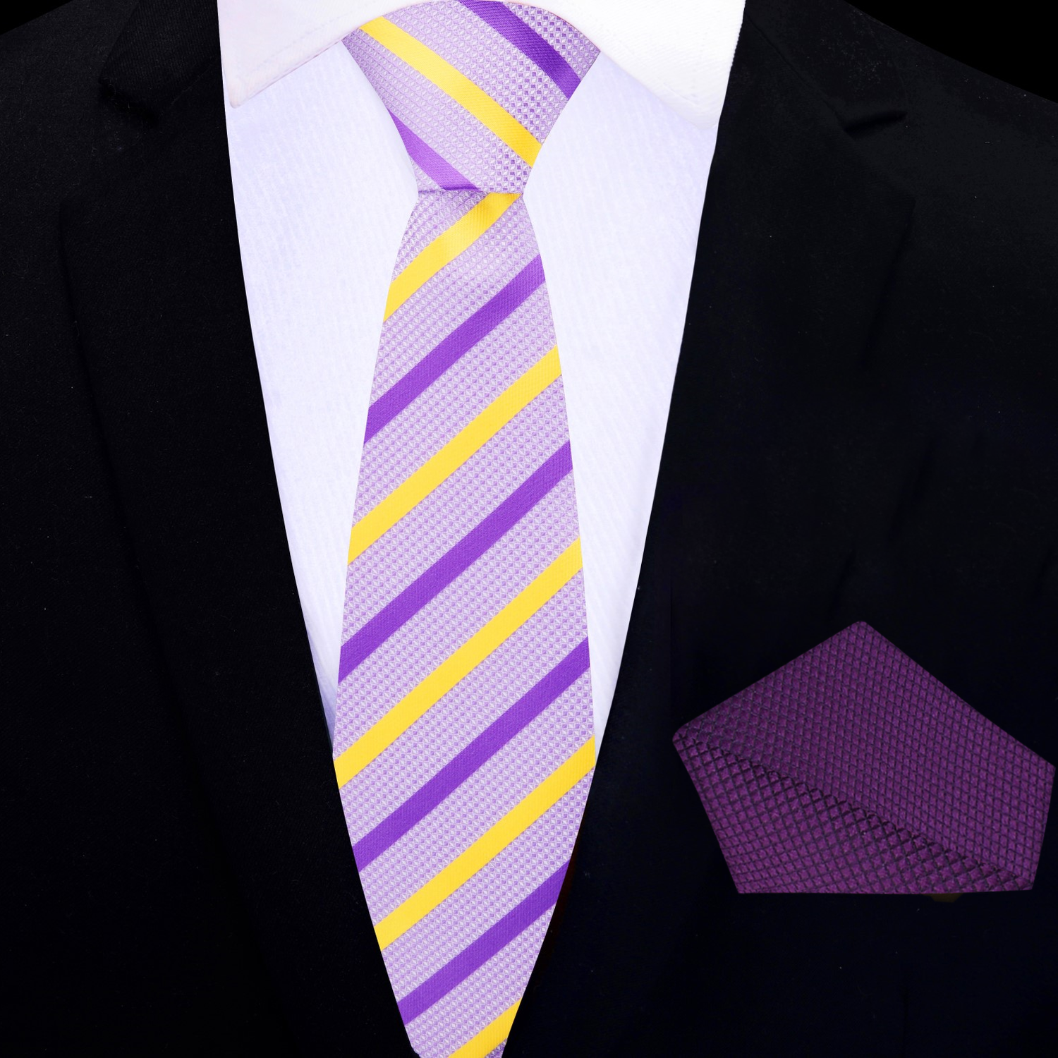 A striped necktie with light purple and yellow colors 