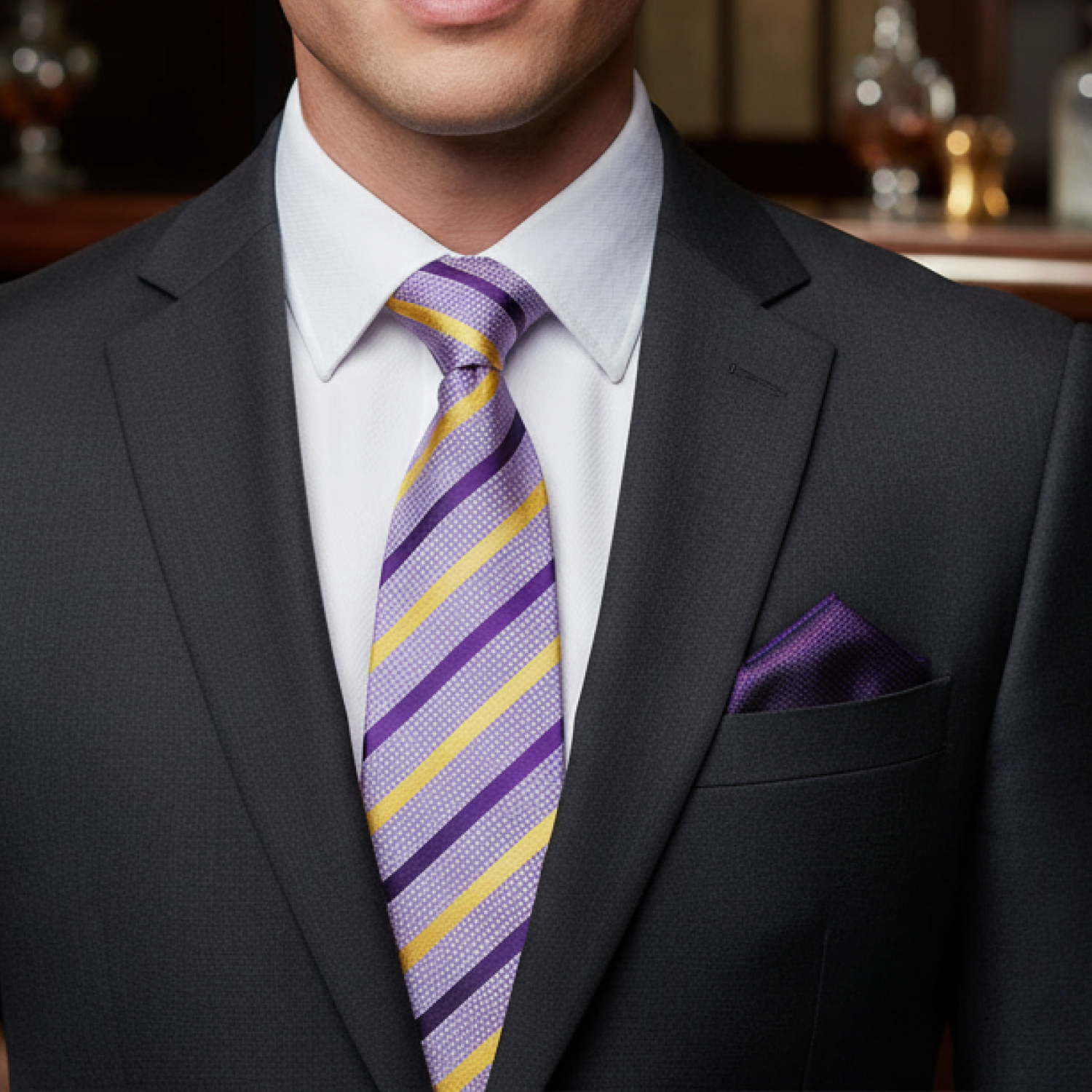 Purple and Yellow Stripe Tie and Purple Square with Suit