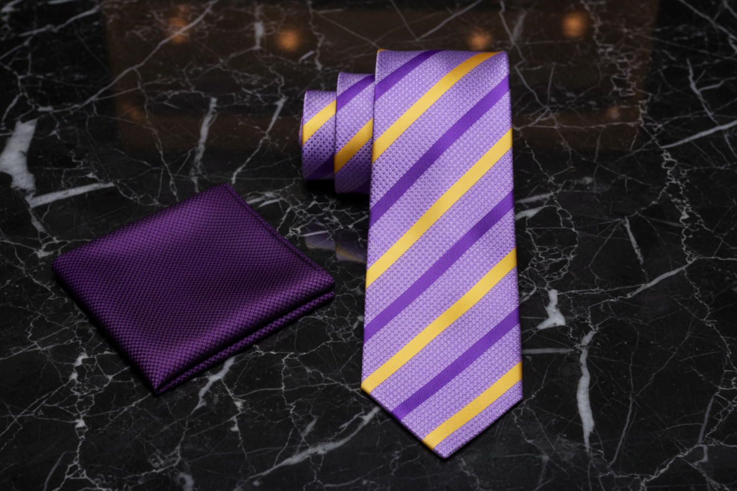 Purple and Yellow Stripe Tie and Purple Square