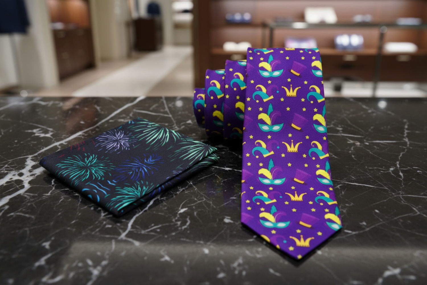 Alt View: Purple Yellow Light Blue Mardi Gras Necktie and Accenting Square