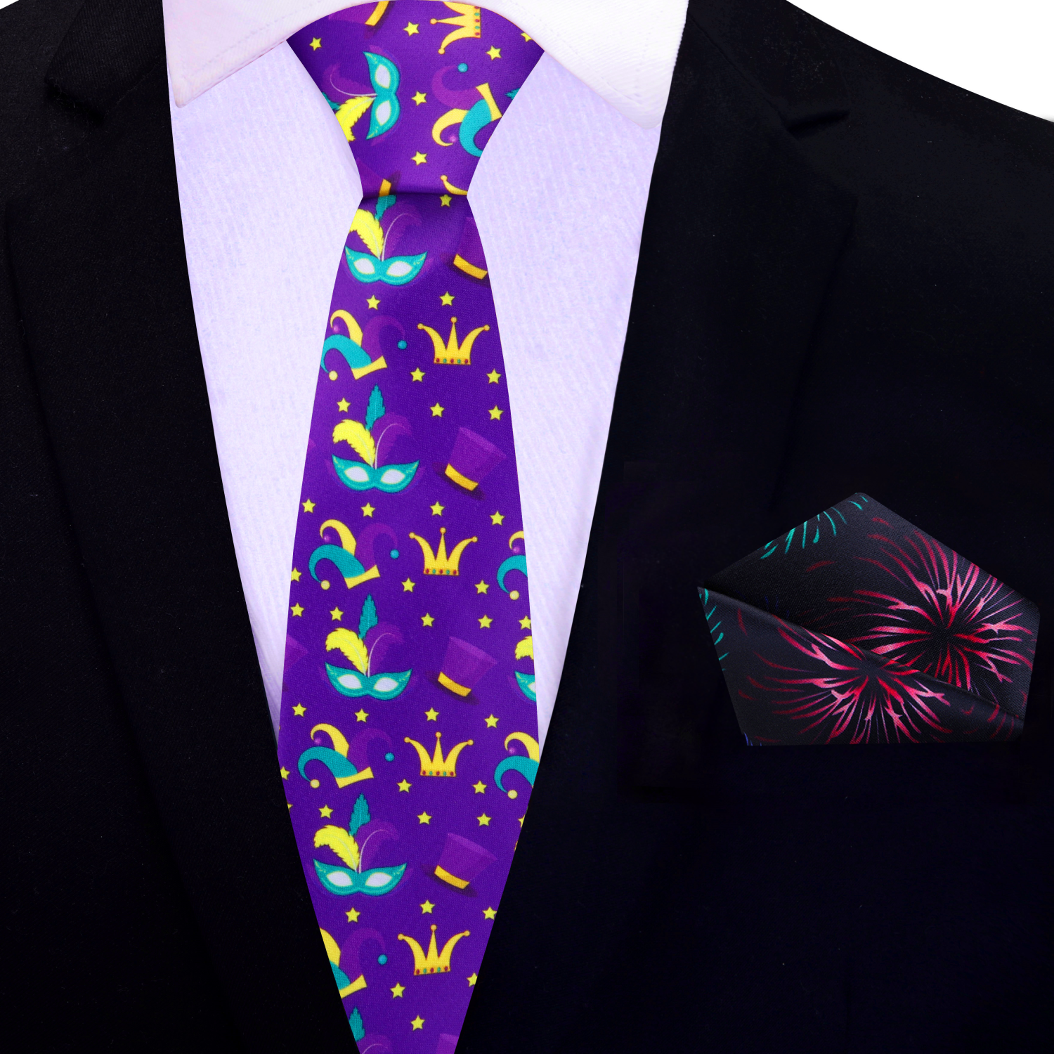 Thin Purple Yellow Light Blue Mardi Gras Necktie and Accenting Square