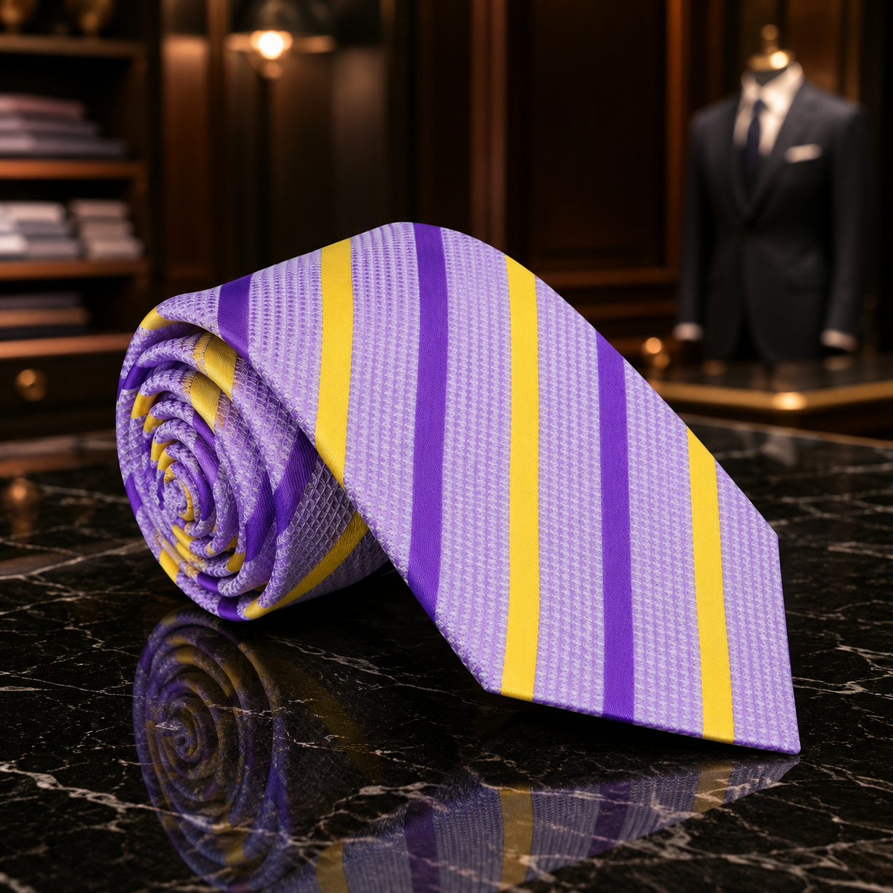 A rolled purple and yellow striped necktie with a subtle woven texture, displayed on a black marble surface with a blurred suit store background.