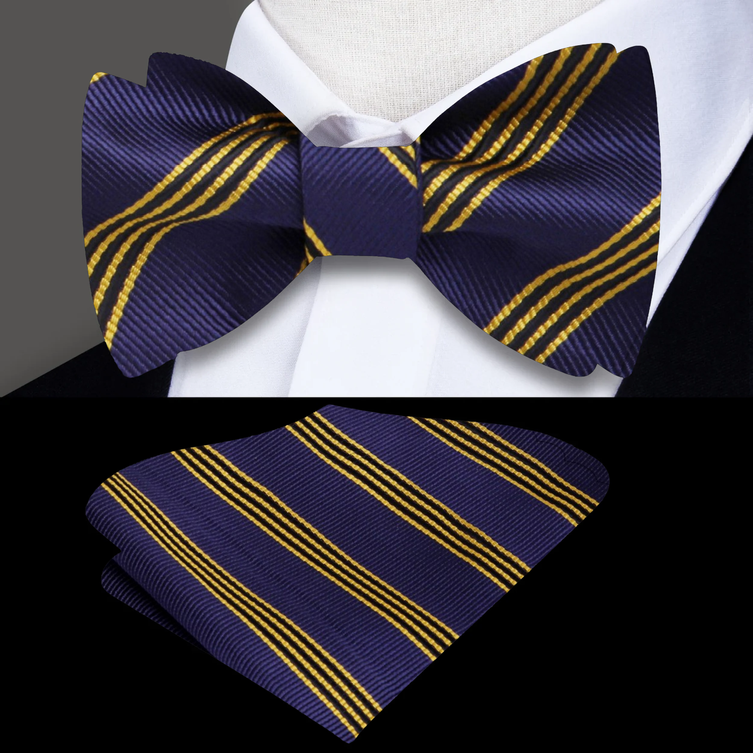 A set of striped bow ties in blue, dark blue, and purple colors, displayed with a matching pocket square, presented on a white background.