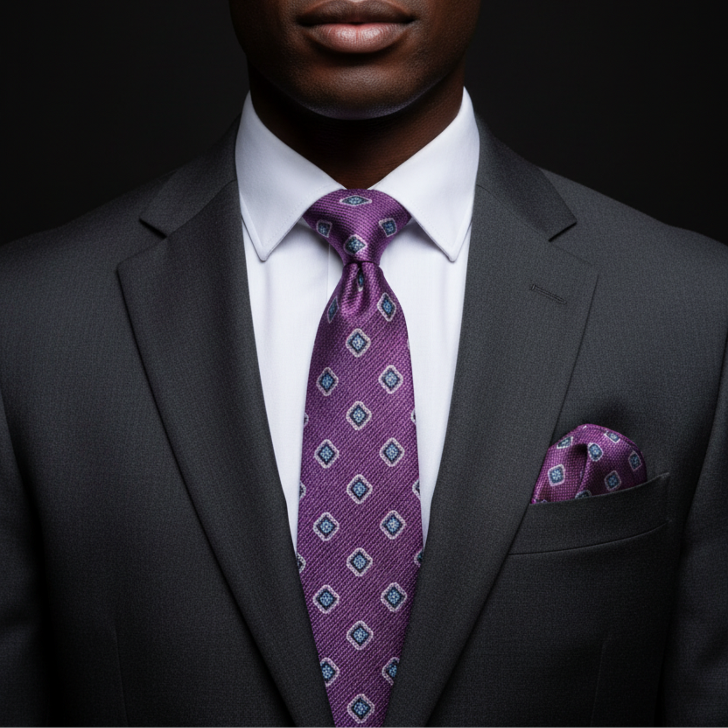 Man wearing a gray suit with a purple tie and pocket square against a black background