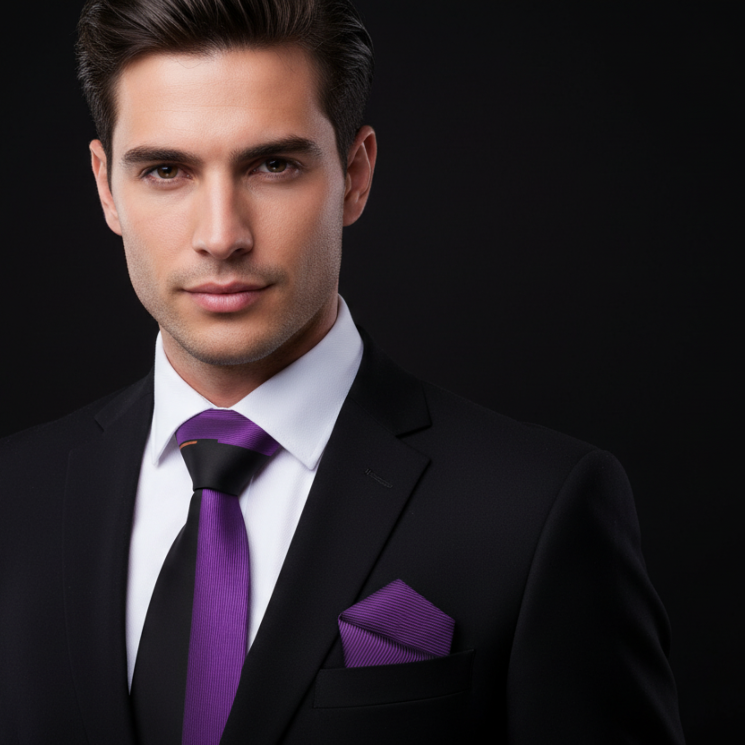 Man wearing a black suit with a purple tie and pocket square on a black background