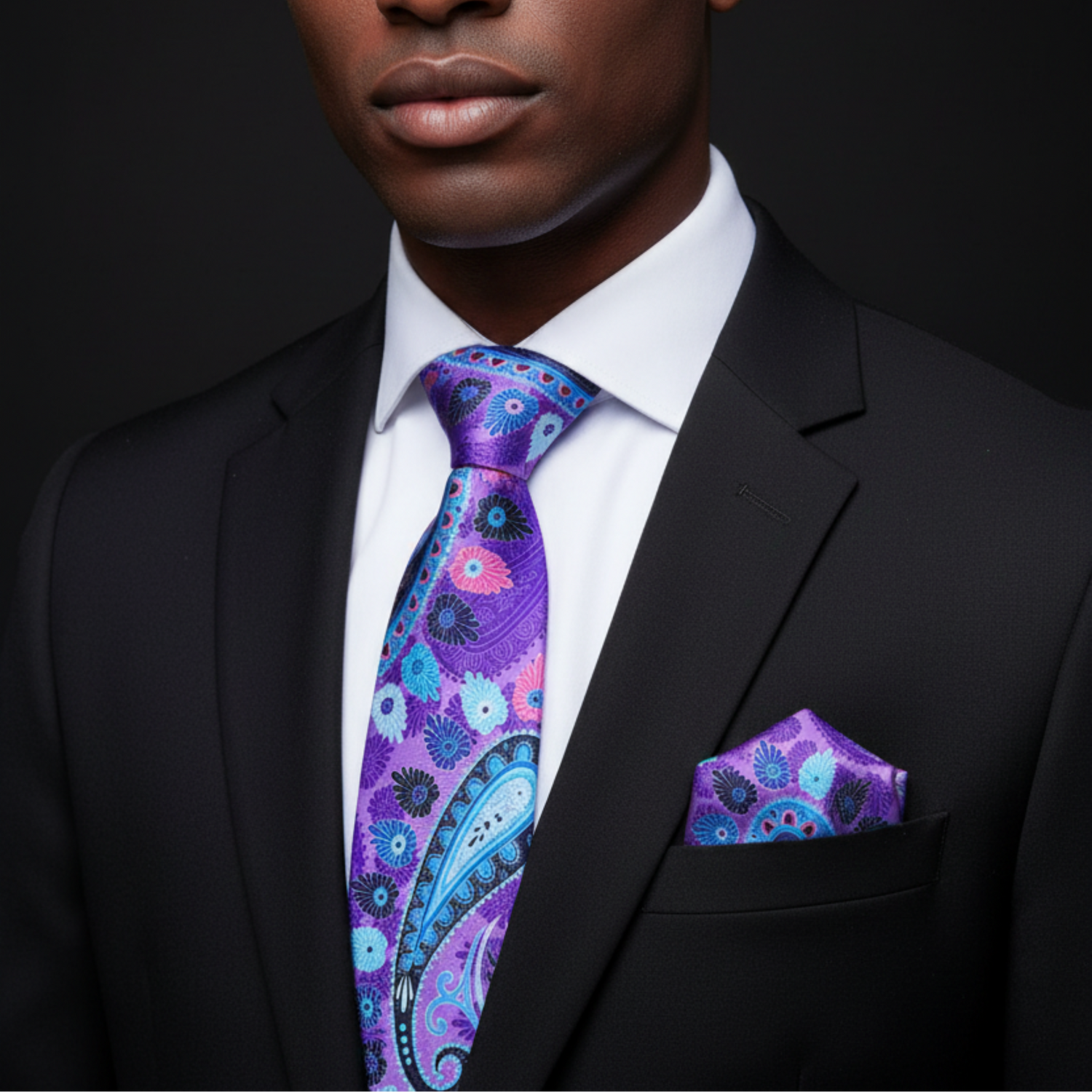 Man wearing a black suit with a colorful paisley tie and pocket square on a dark background