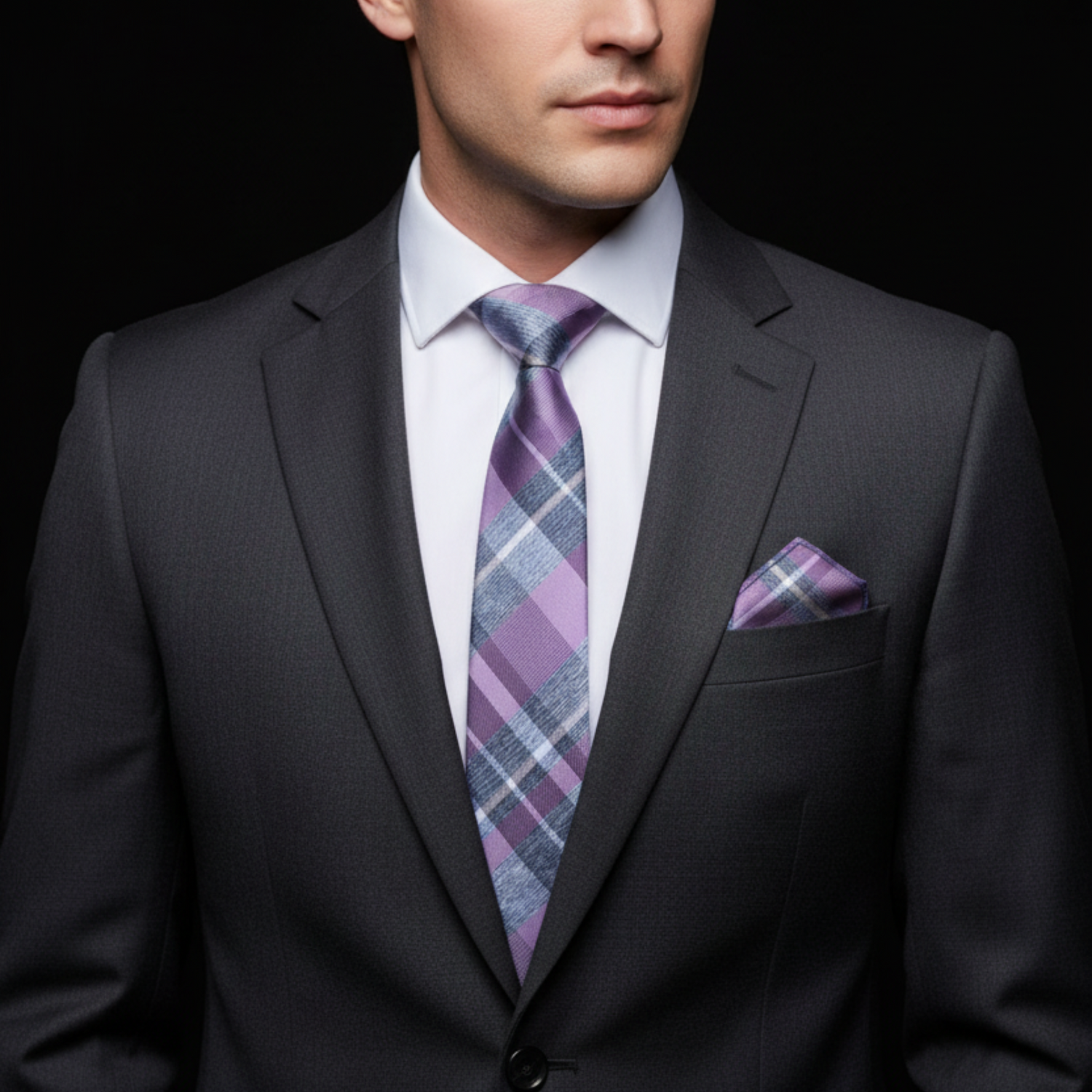 Man wearing a dark suit with a plaid purple tie and pocket square on a black background
