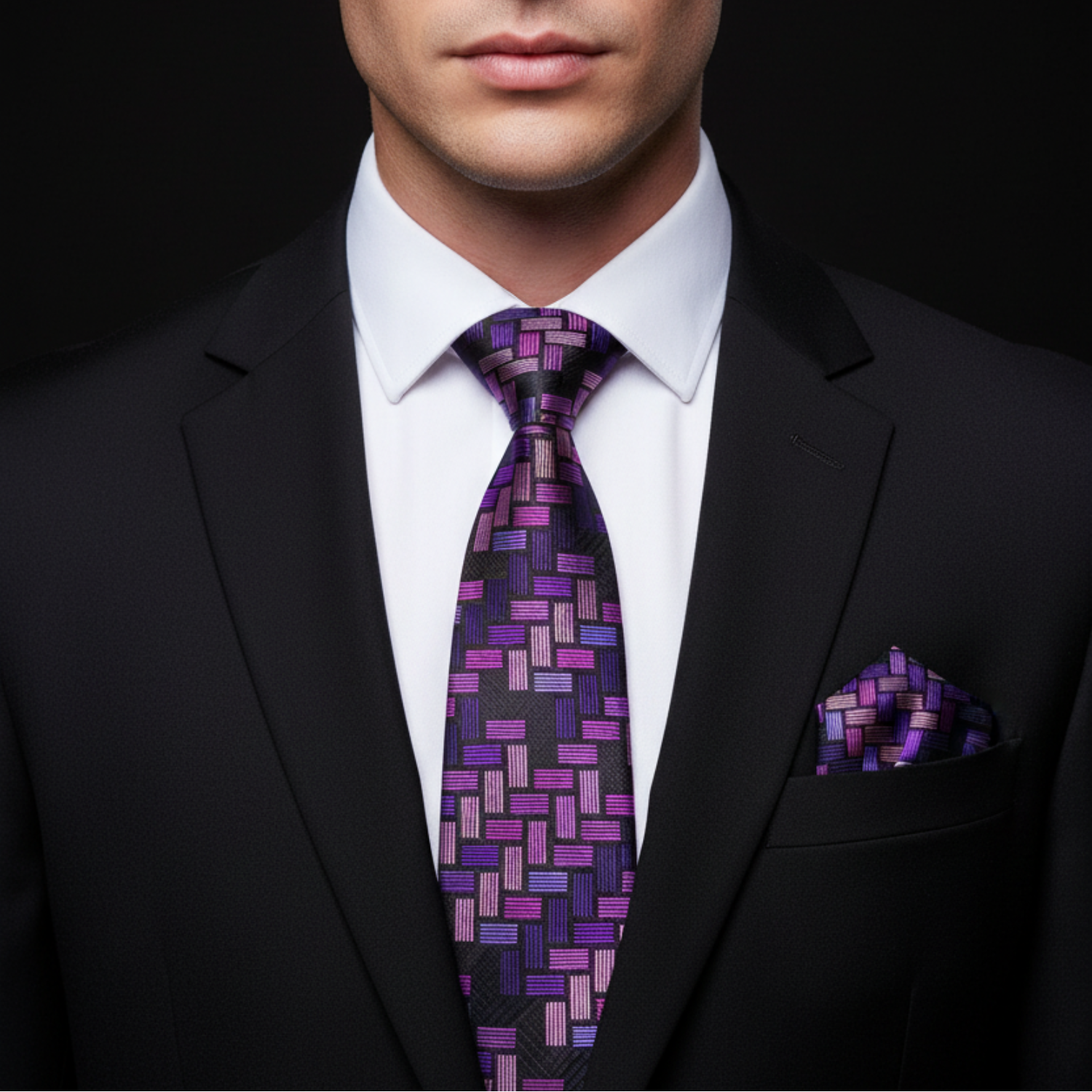 Man wearing a black suit with a purple patterned tie and pocket square against a dark background
