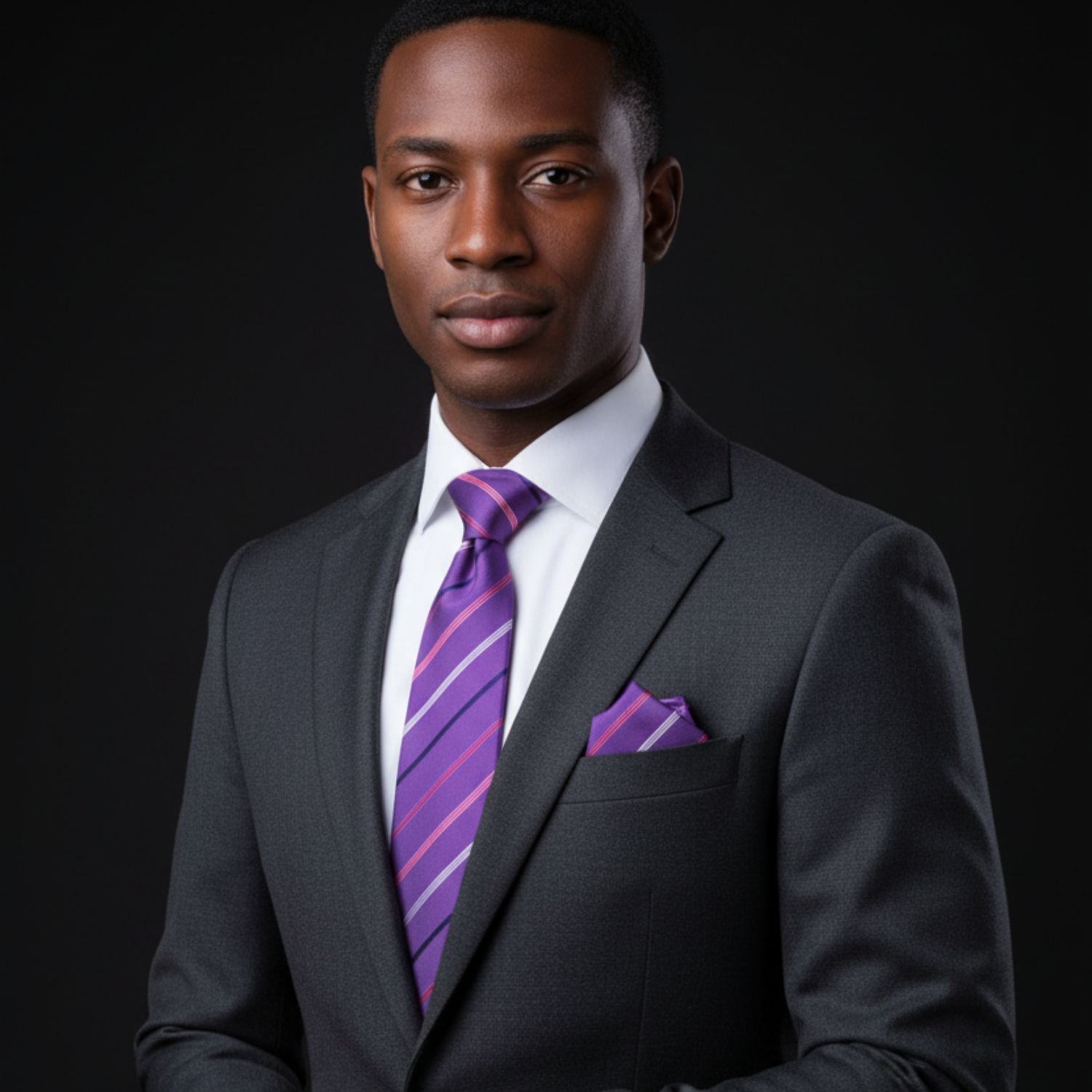 Man wearing a dark suit with a purple tie and pocket square on a black background