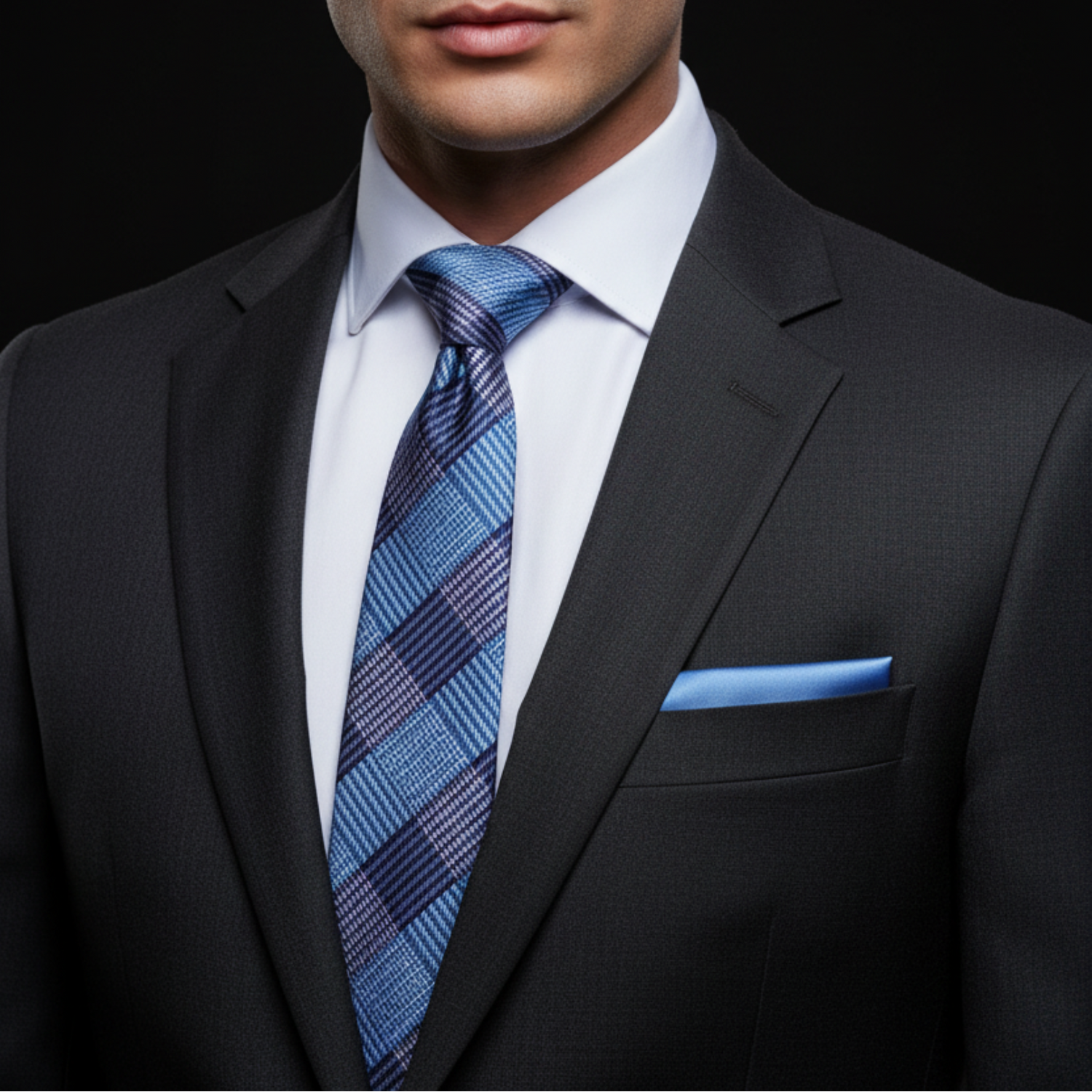 Navy, Sky Blue & Slate Plaid Stripe Necktie