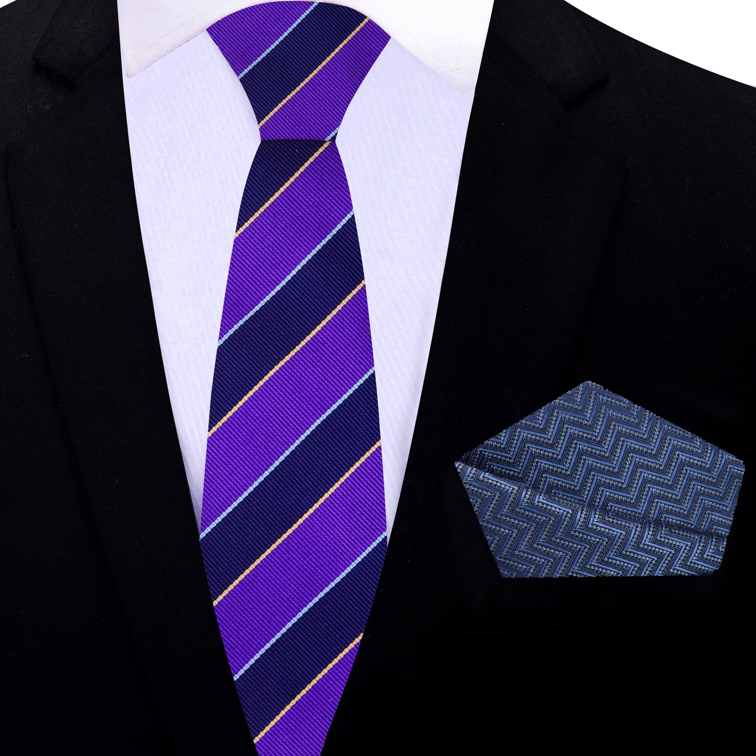 Thin Tie: Purple and Blue Block Stripe Tie and Blue Chevron Square