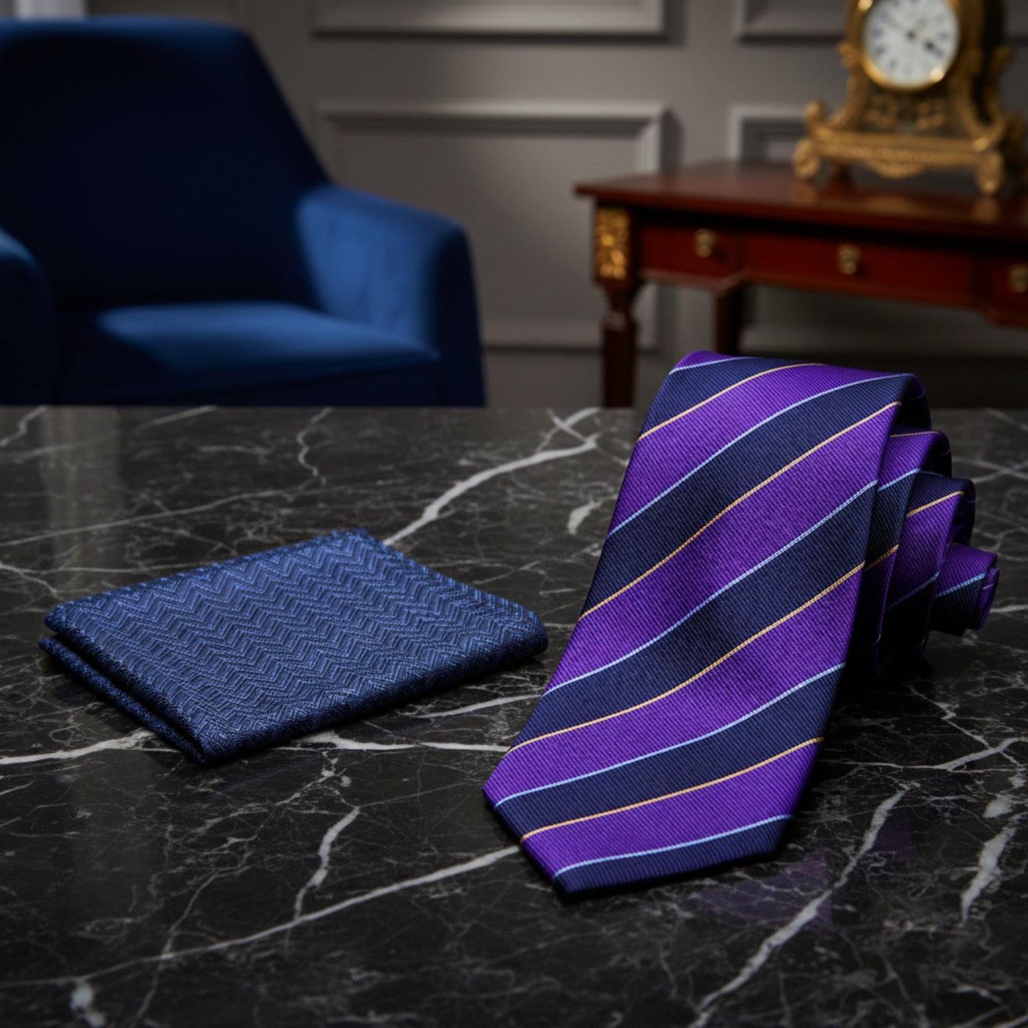 Alt View: Purple and Blue Block Stripe Tie and Blue Chevron Square