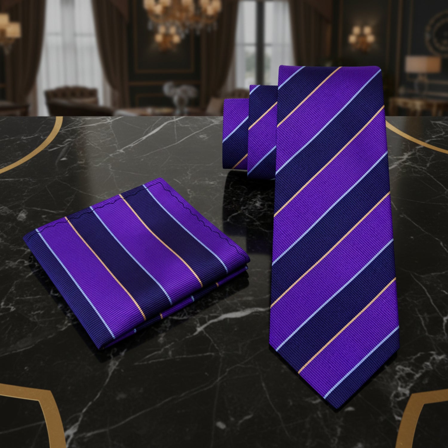 Alt View: Purple and Blue Block Stripe Tie and Square