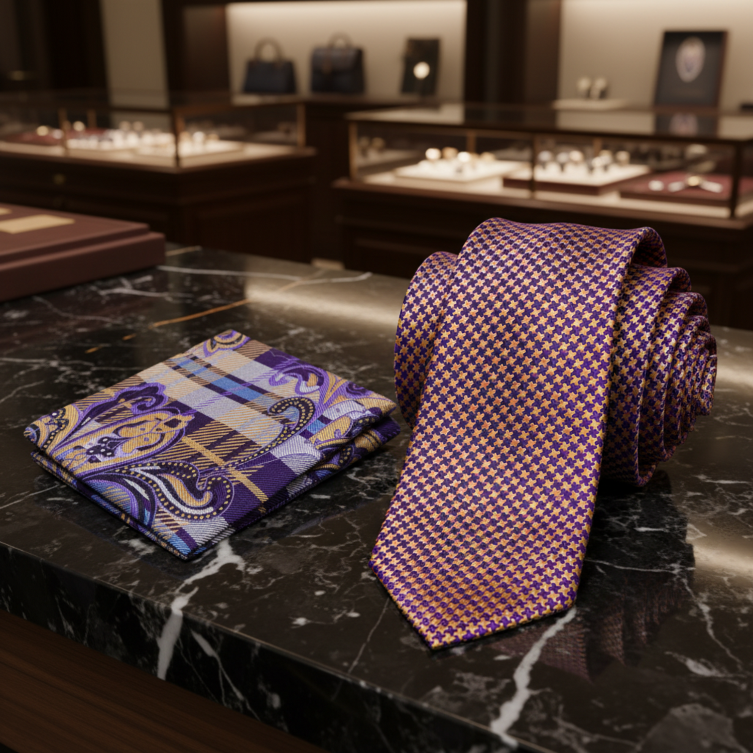 2 Purple and Gold Geometric Tie and Accenting Square