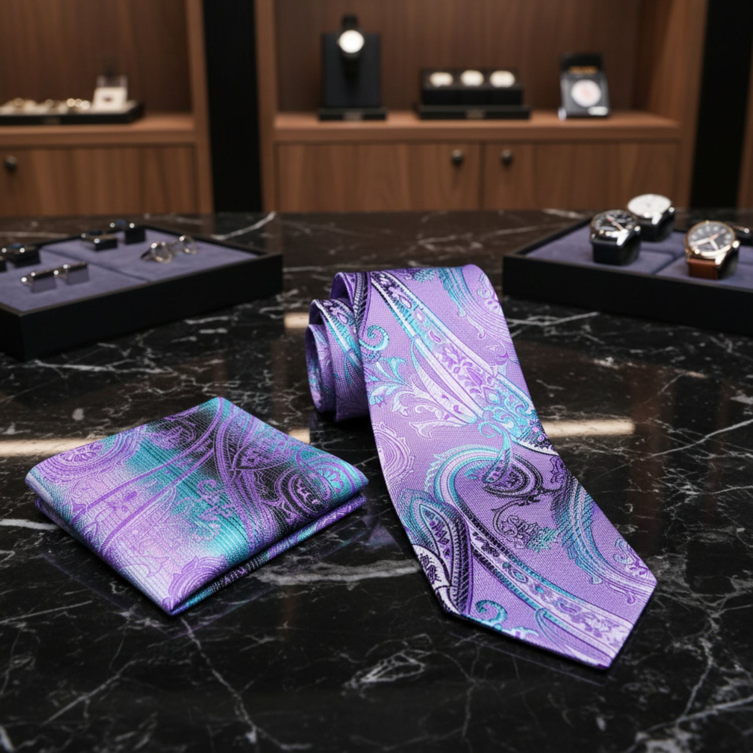 Purple and teal paisley tie and pocket square set 