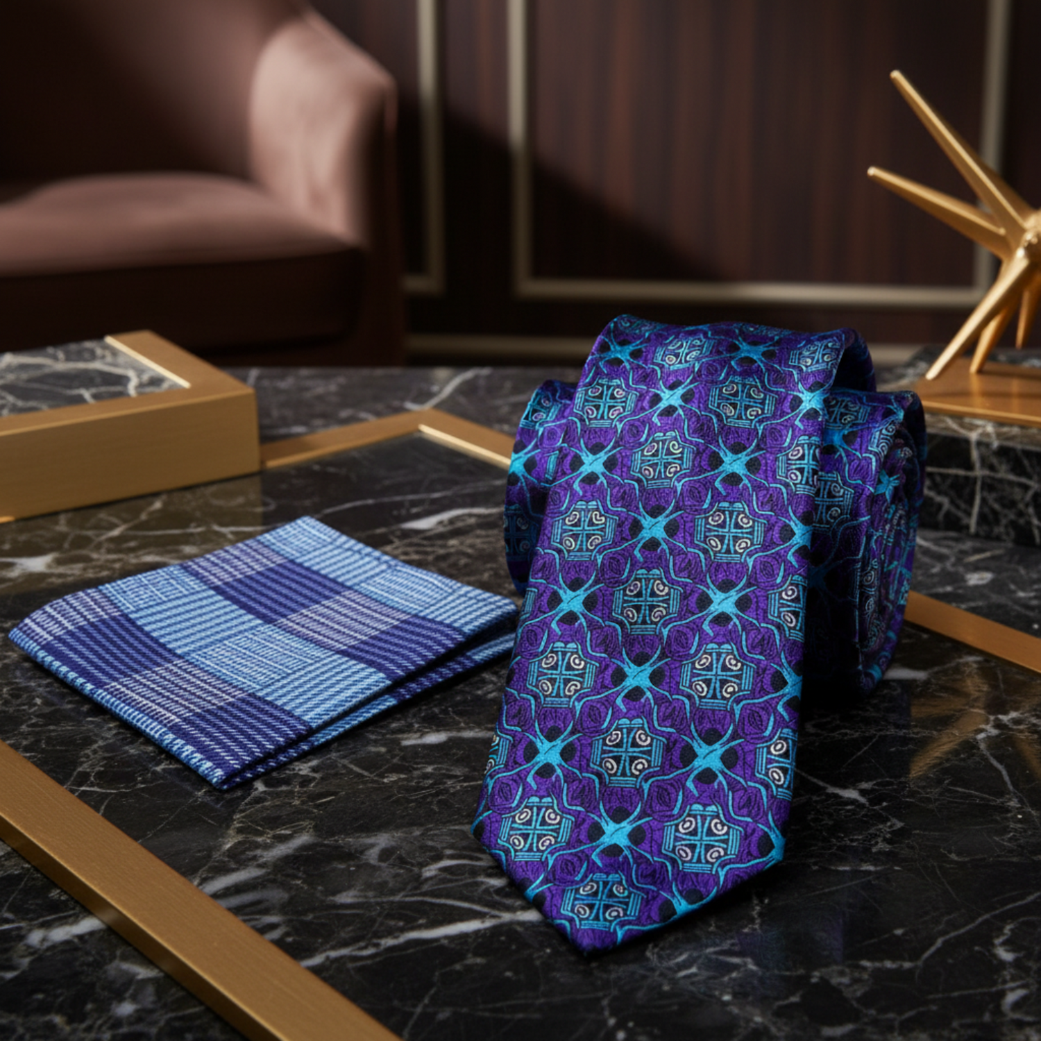 Alt View: Purple and Light Blue Abstract Necktie and Blue and Purple Plaid Pocket Square