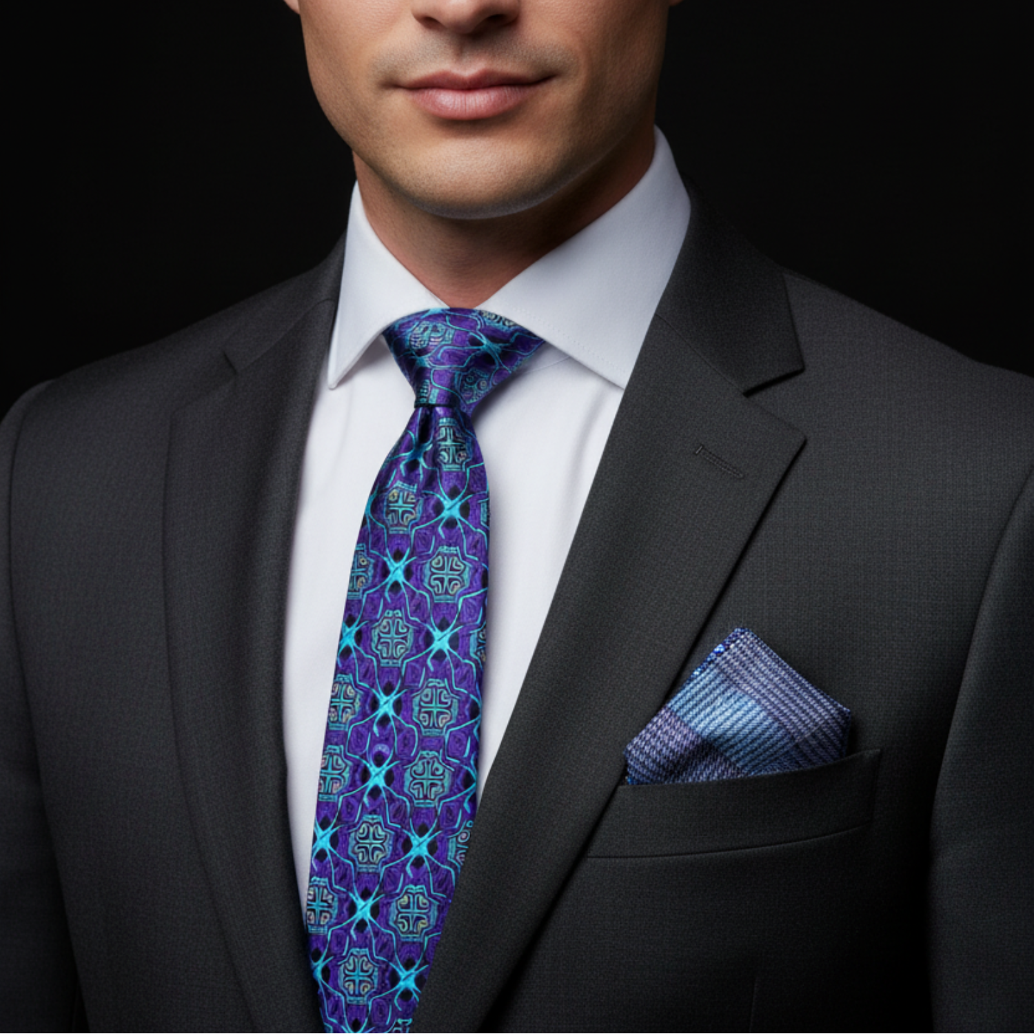 Man wearing a dark suit with a patterned purple tie and pocket square against a black background