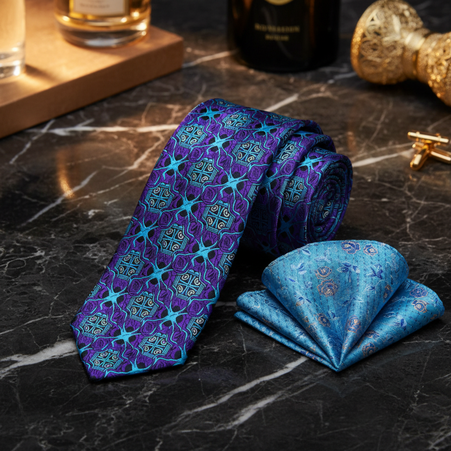 Alt View: Purple and Light Blue Abstract Necktie and Light Blue Floral Pocket Square
