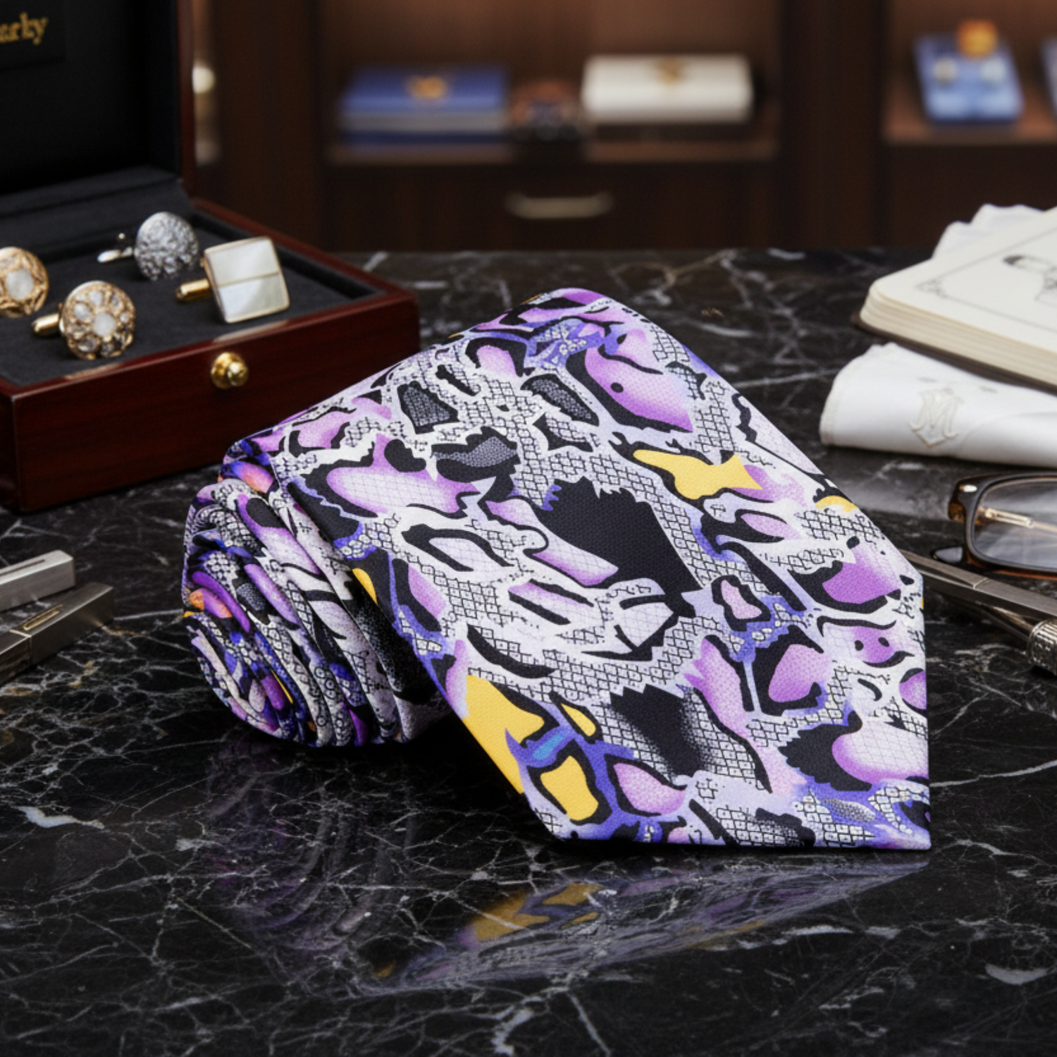 Black, Purple and Yellow Snakeskin Tie  tie on a dark marble surface with accessories in the background
