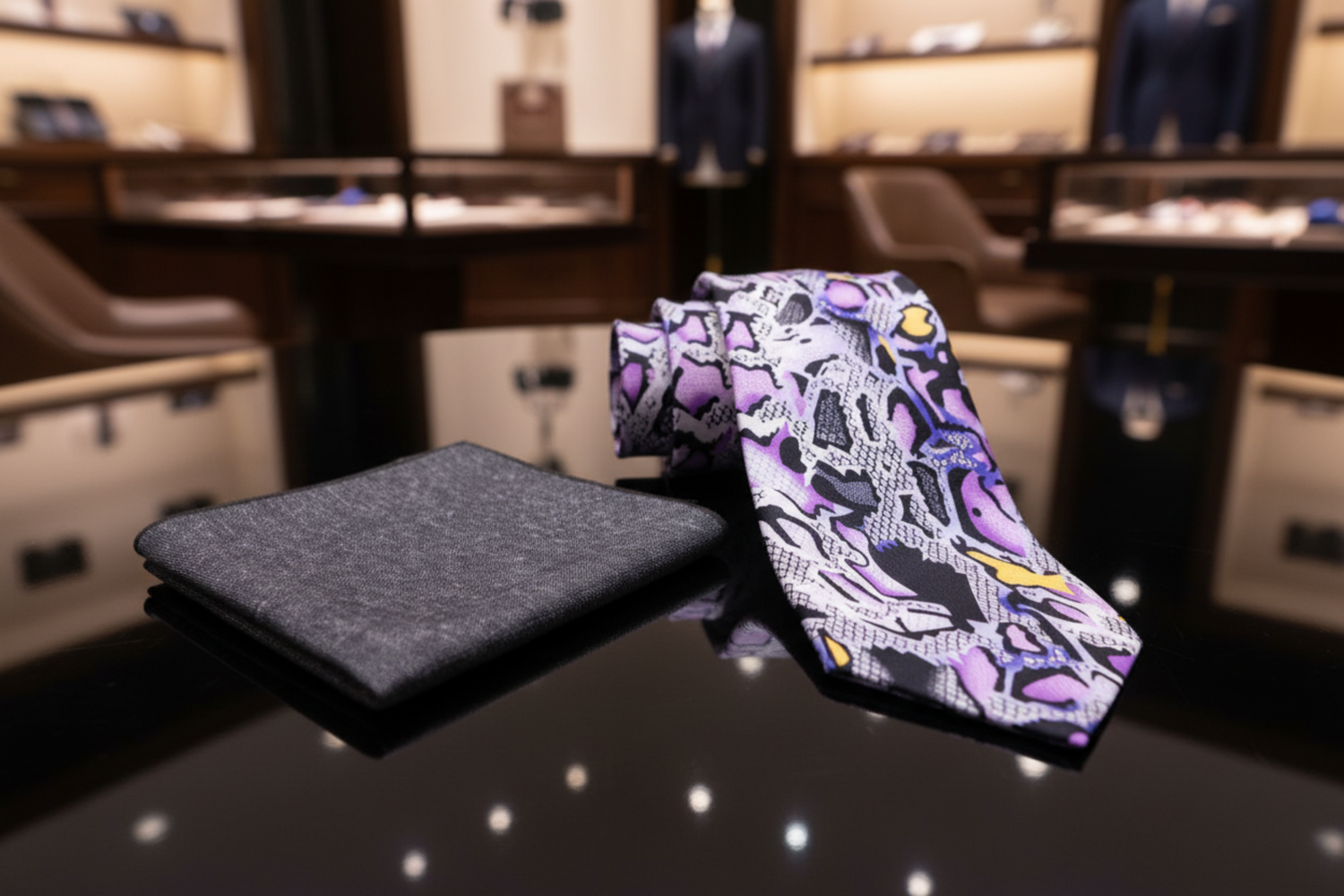 Black, Purple and Yellow Snakeskin Tie and Grey Square and square on marble