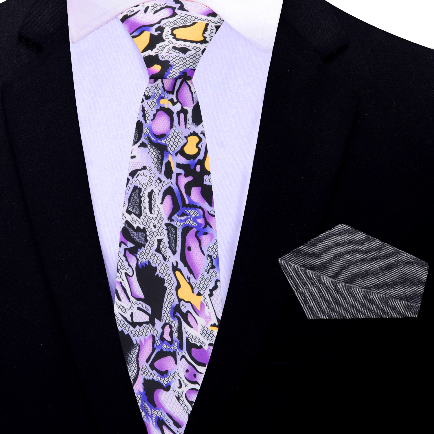 Thin Black, Purple and Yellow Snakeskin Tie and Grey Square