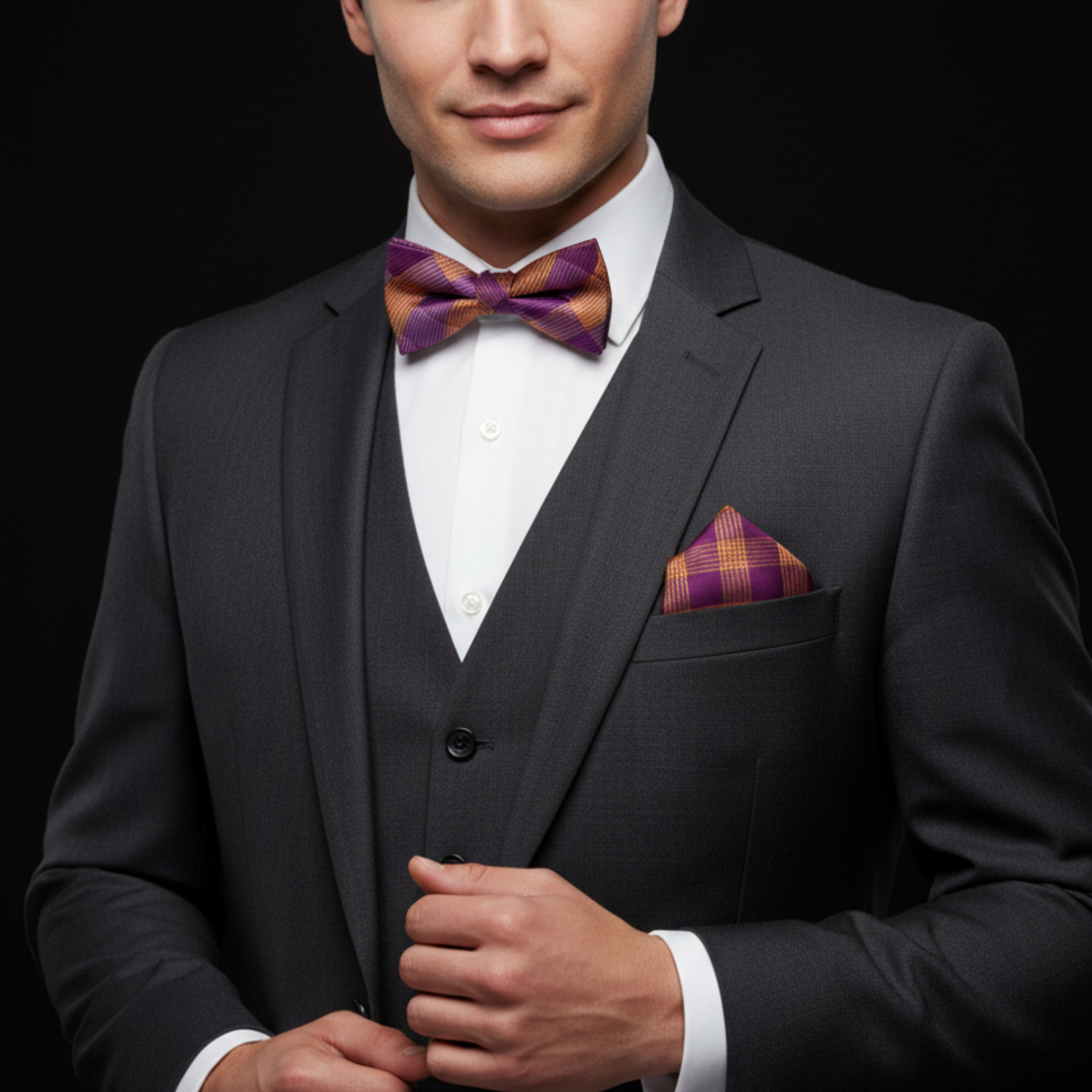 Man wearing a black suit with a purple bow tie and pocket square on a black background
