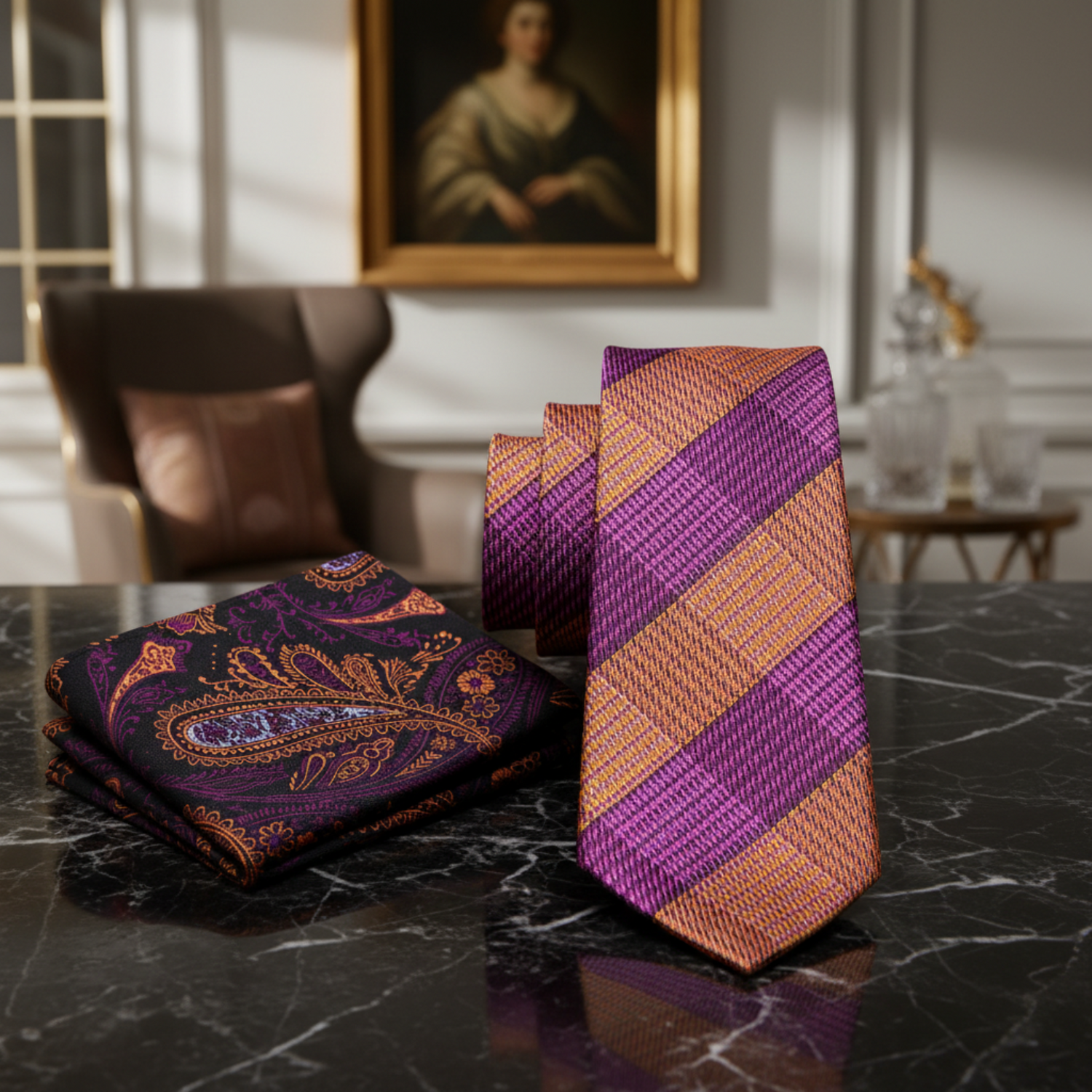 Alt View: Purple and Orange Plaid Necktie and Accenting Purple and Orange Paisley Pocket Square