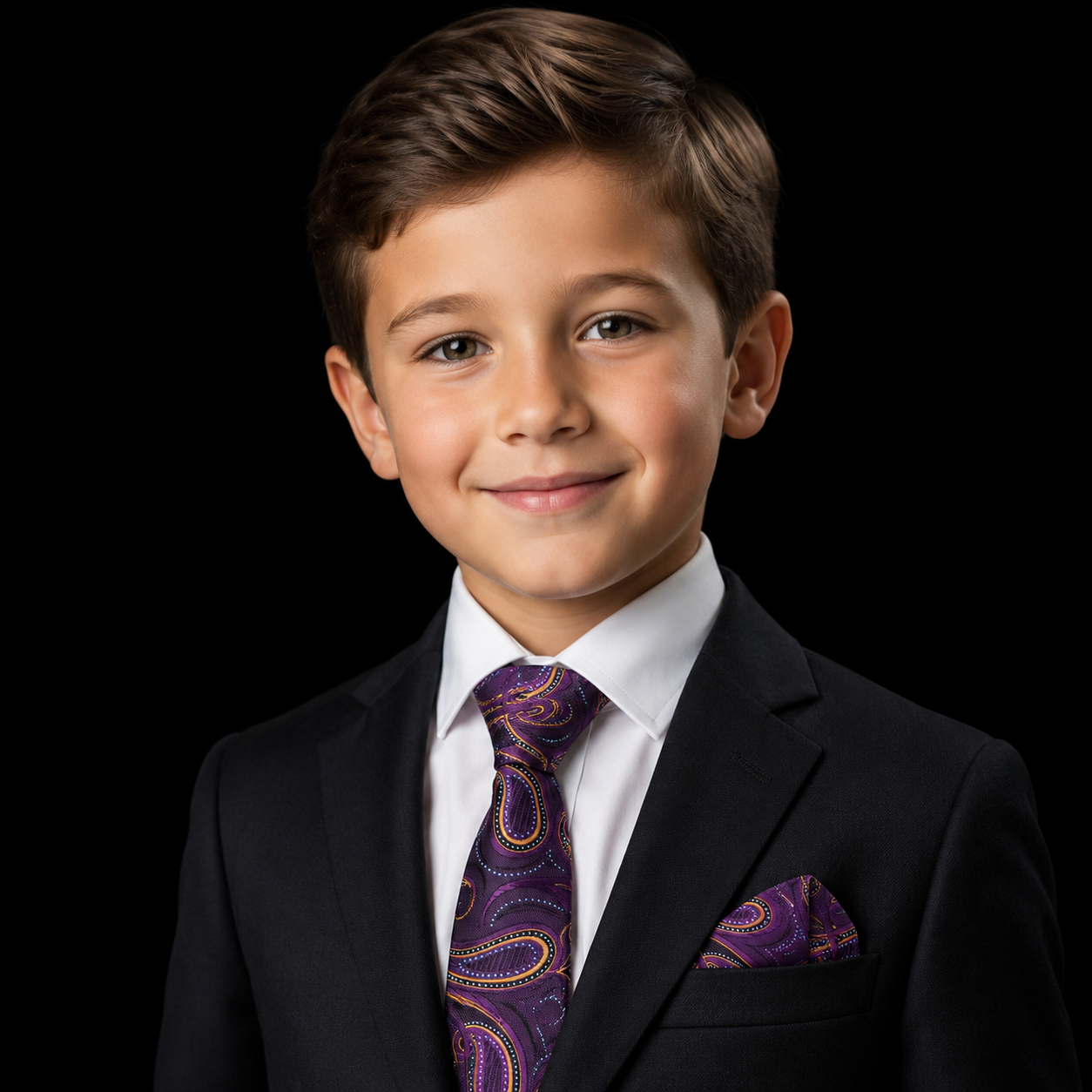 Boys’ Deep Purple Paisley Necktie with Gold and Turquoise Accents