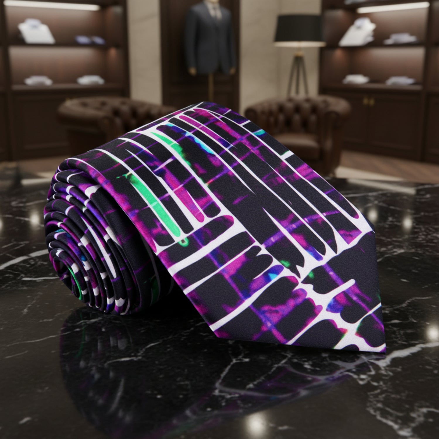 Rolled up: White, Fuchsia, Black Abstract necktie