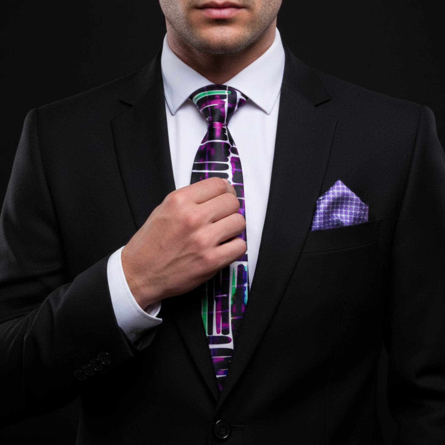 Man adjusting a purple patterned tie with a black suit on a dark background