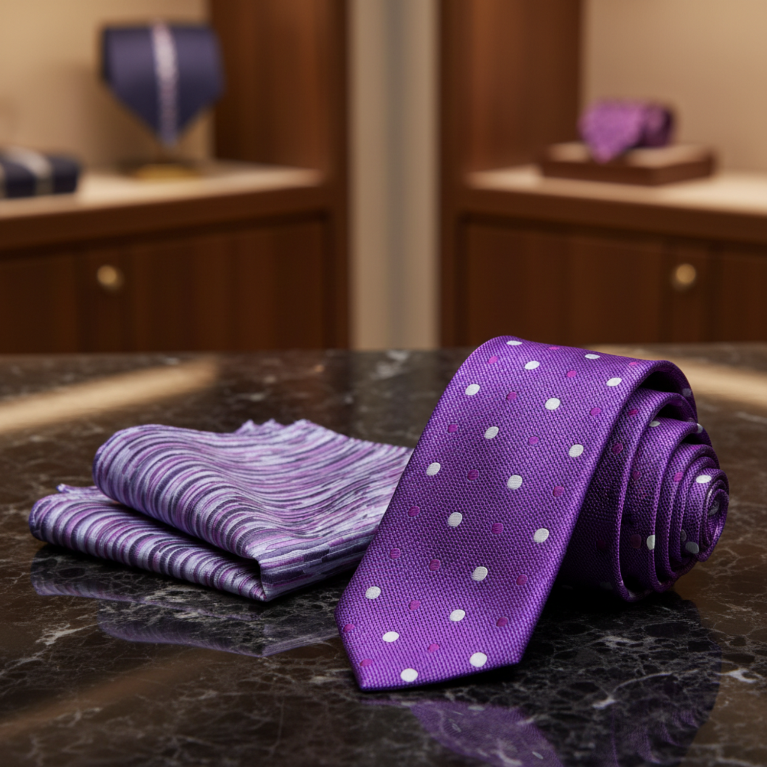 Alt Purple white Majesty Polka Necktie and Accenting Square