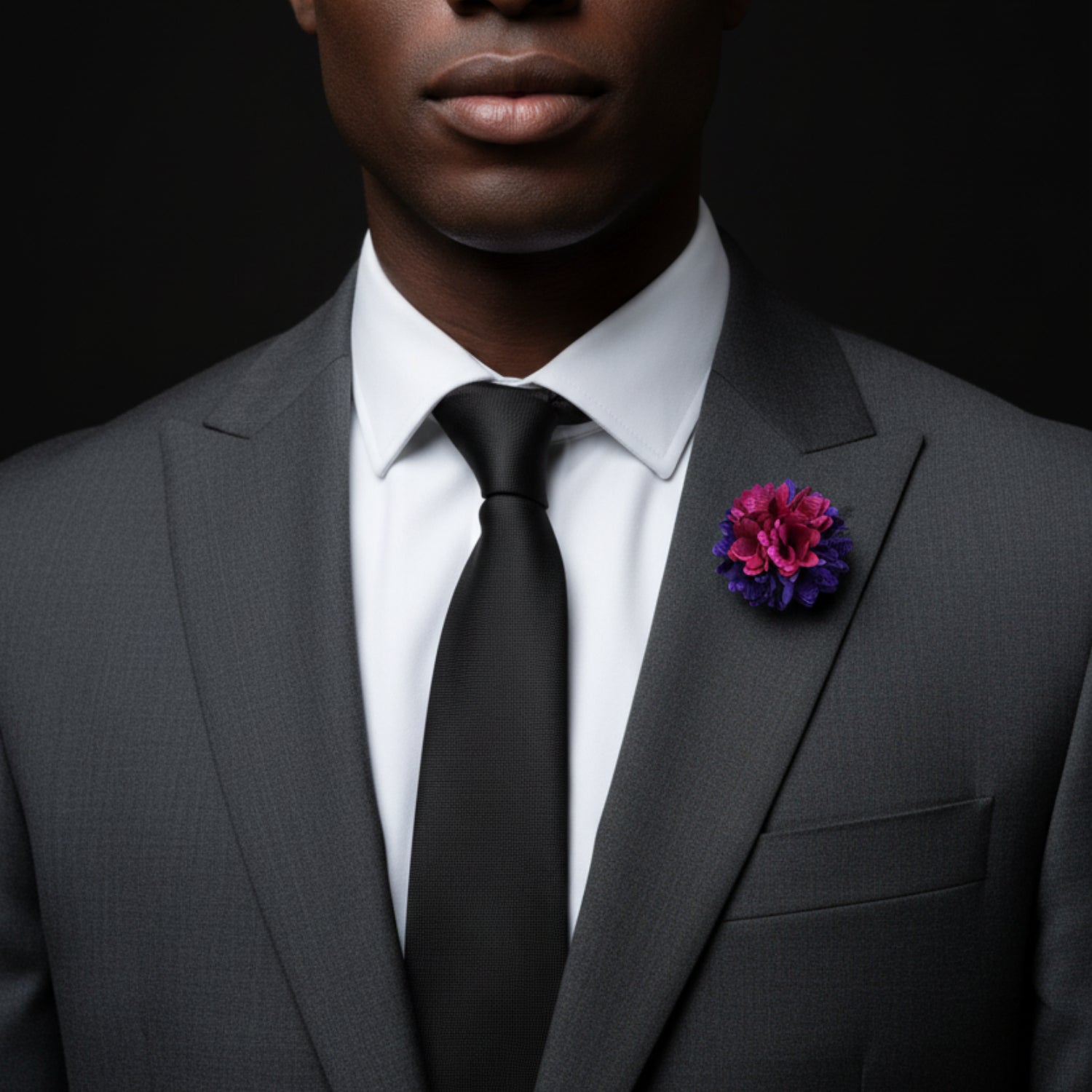 Purple Pink Floral Lapel pin on man with suit