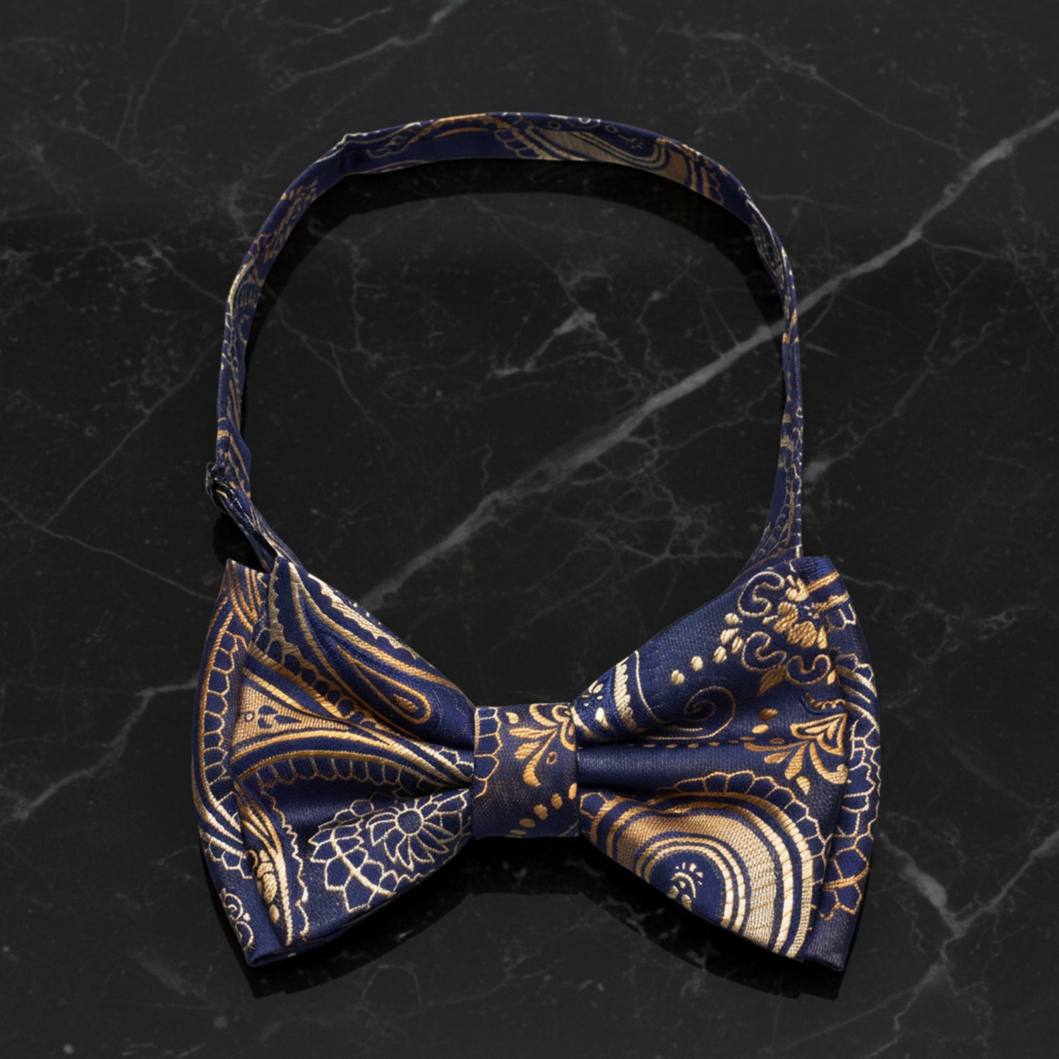 Dark Blue, Gold Paisley Pre Tied Bow Tie