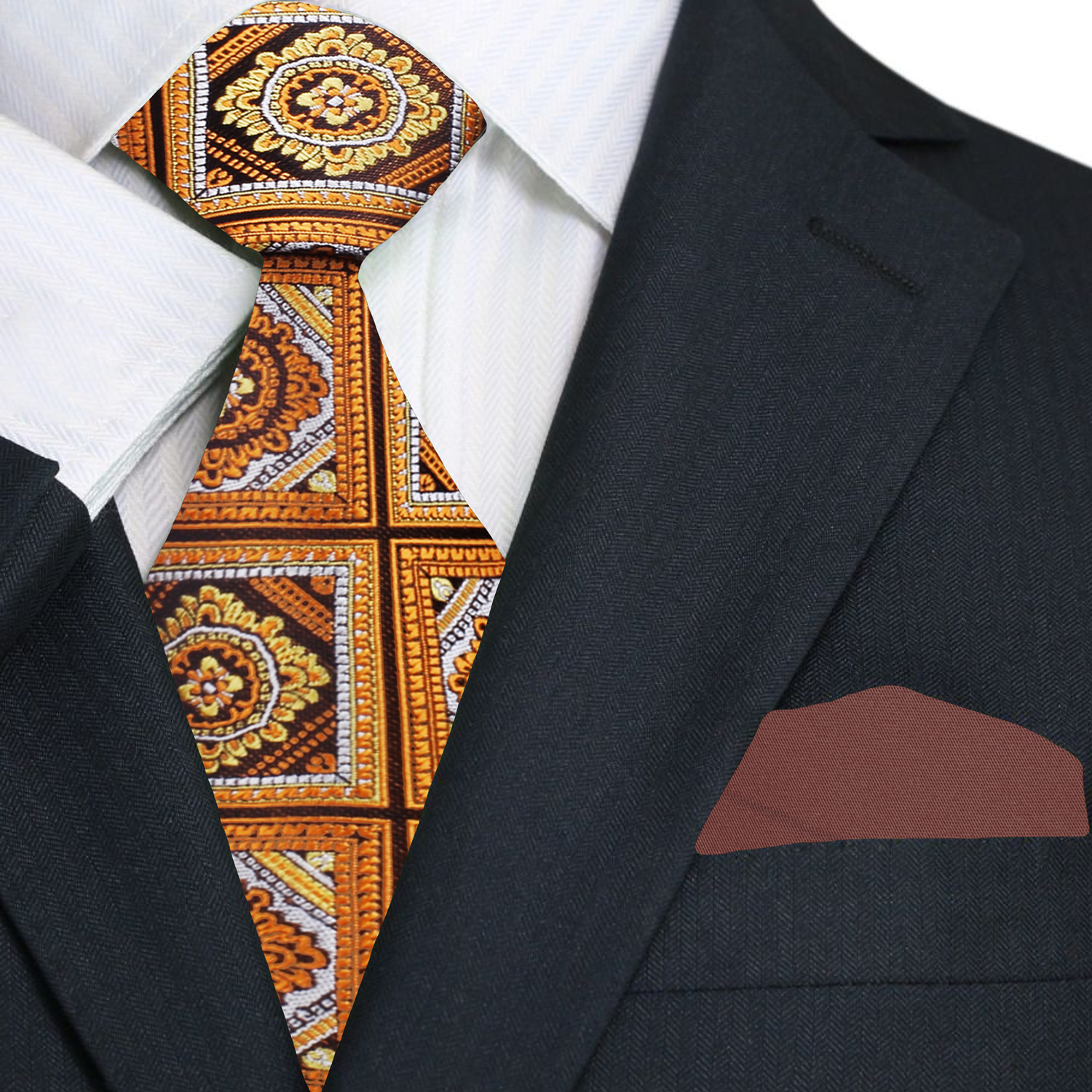 Rich orange and brown geometric necktie and brown pocket square