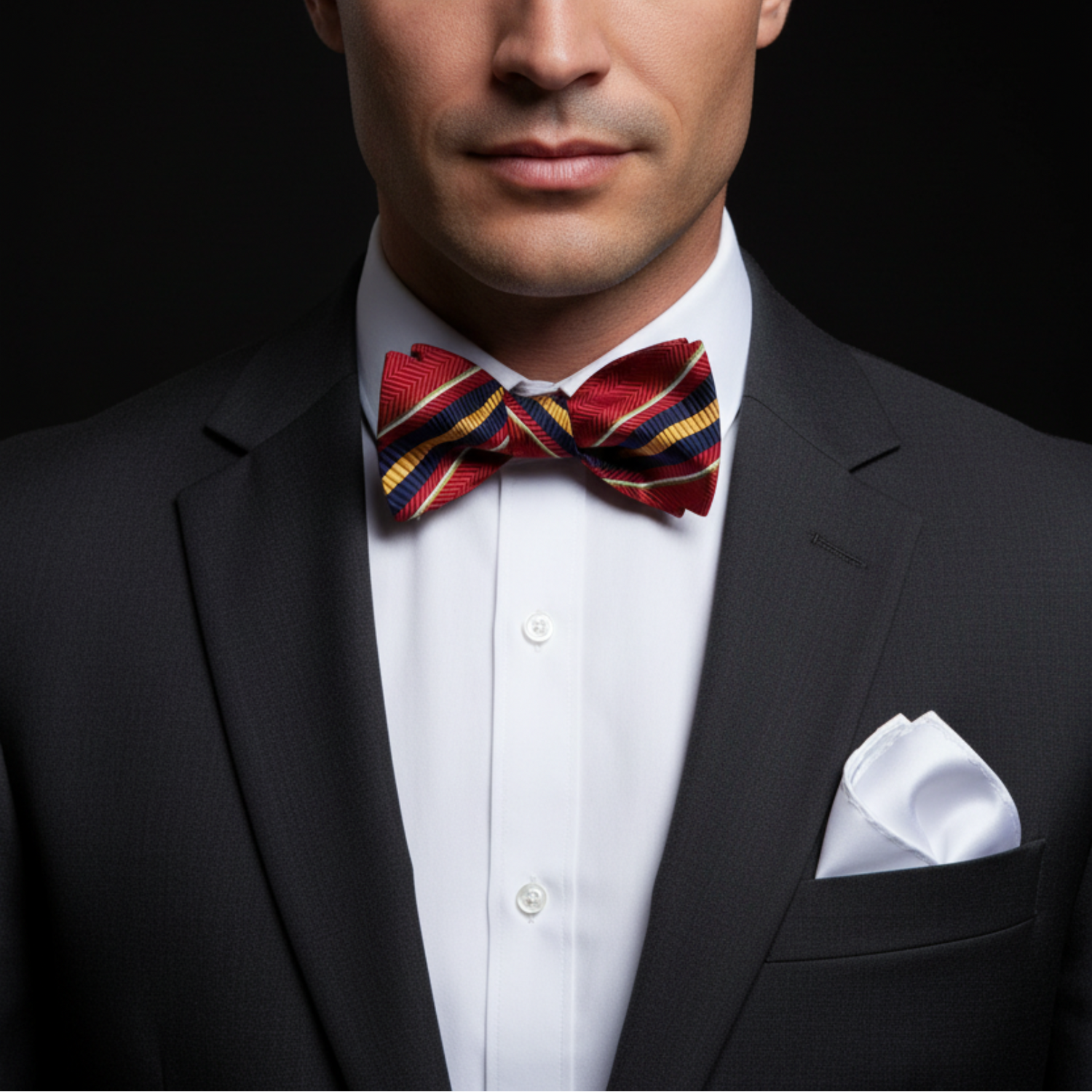 Man wearing a black suit with a red and gold bow tie against a dark background