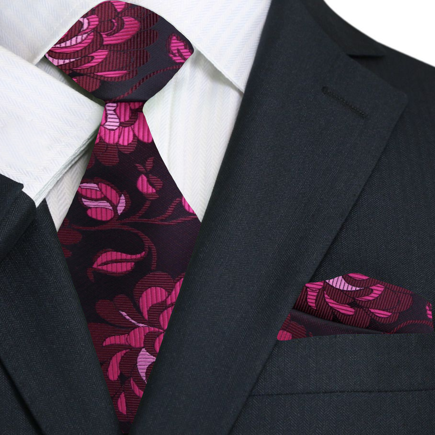 Sangria, Burgundy, Pink Large Flowers Tie and Pocket Square
