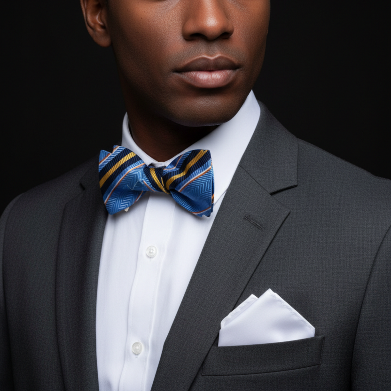 A pre-tied captain stripe bow tie in light blue with dark blue and white stripes, displayed with a white pocket square.