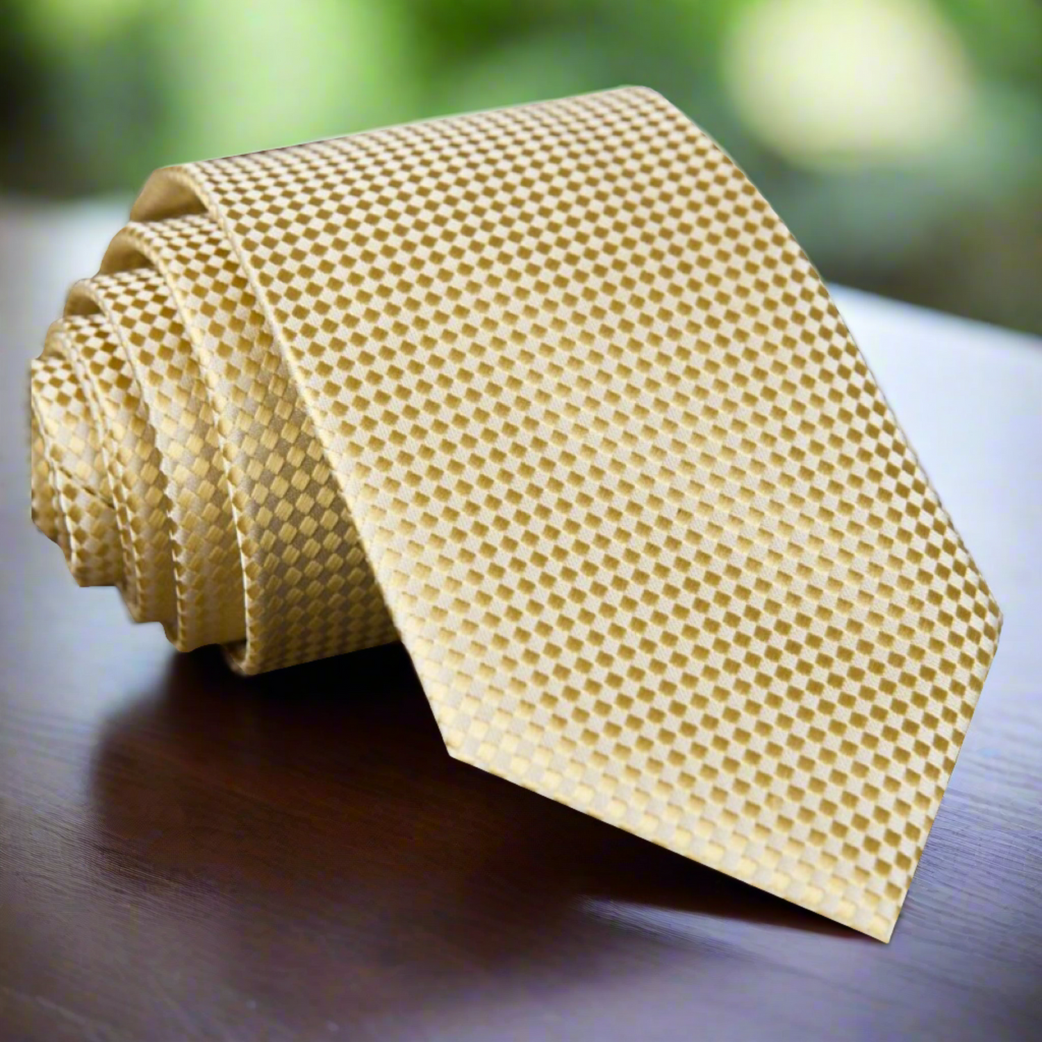 A metallic gold necktie with a geometric pattern, displayed on a wooden surface with a blurred background.
