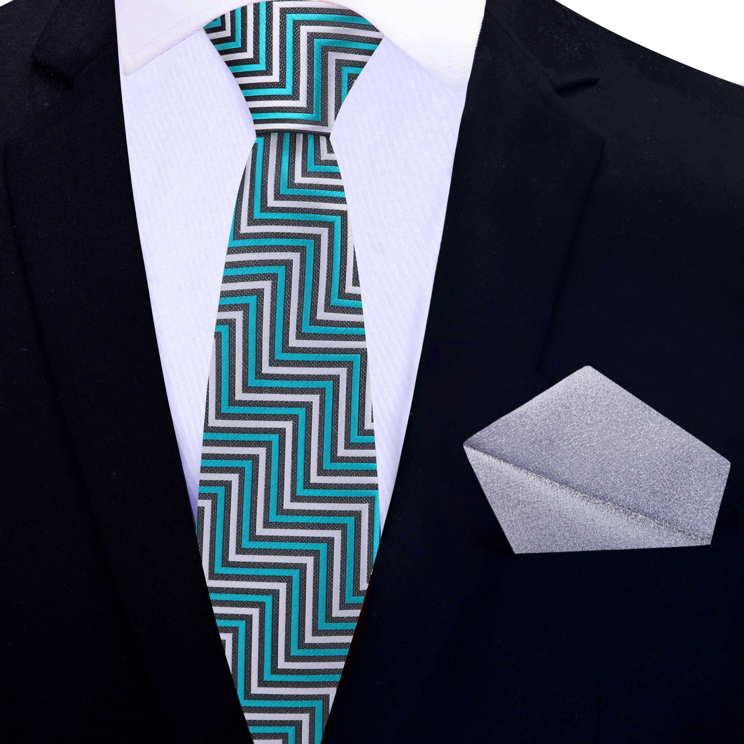 Teal Black and White Chevron Stripe Necktie