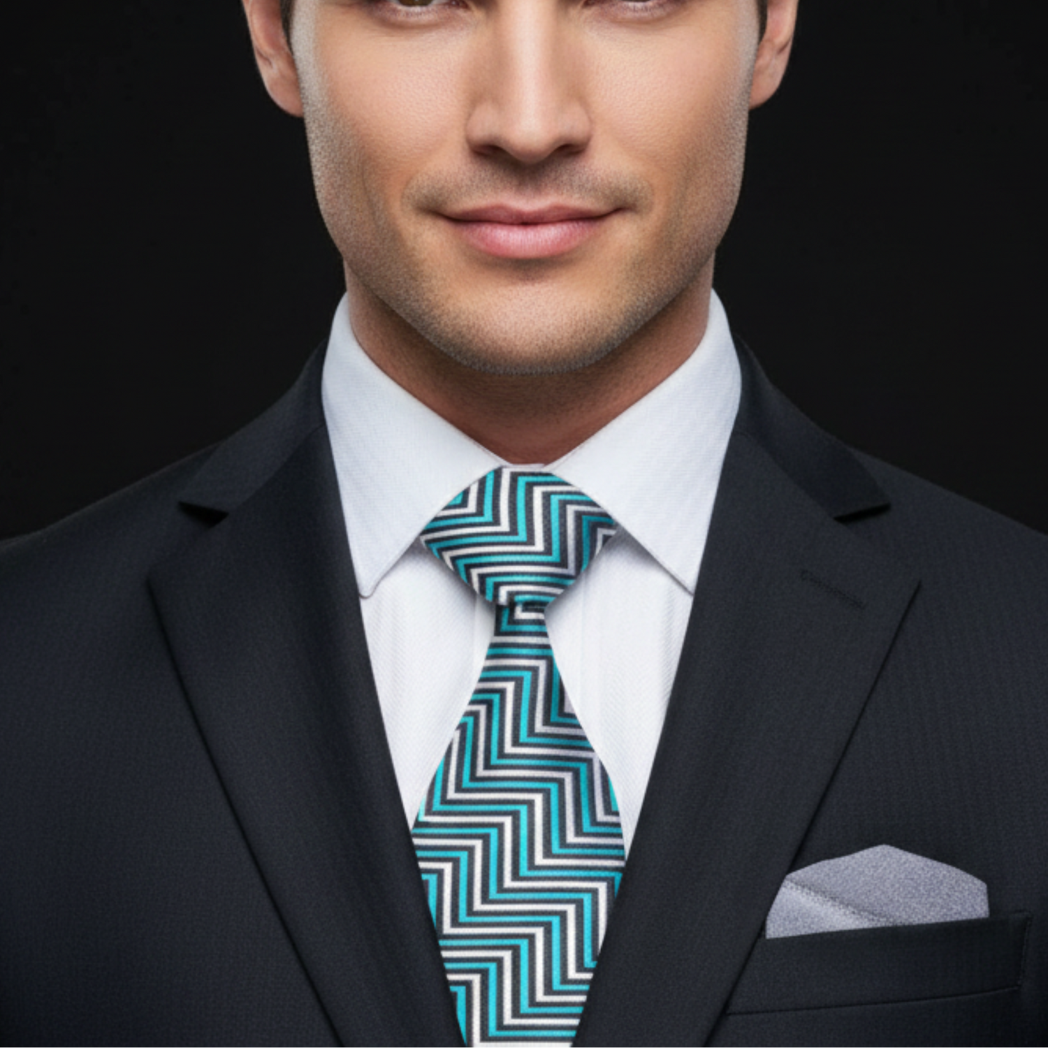 A silver, black, and teal necktie with a geometric zigzag pattern, displayed on a wooden surface with a floral arrangement in the background.