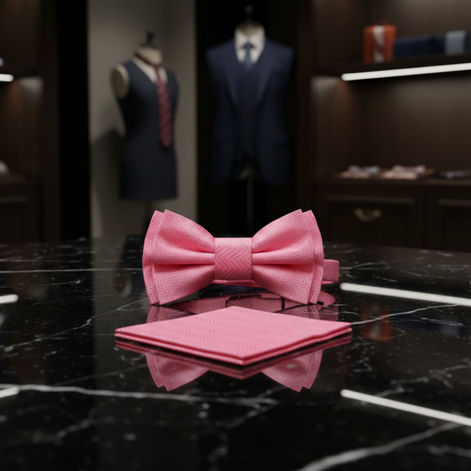 Pink bow tie and matching pocket square on a dark marble surface with a blurred background.