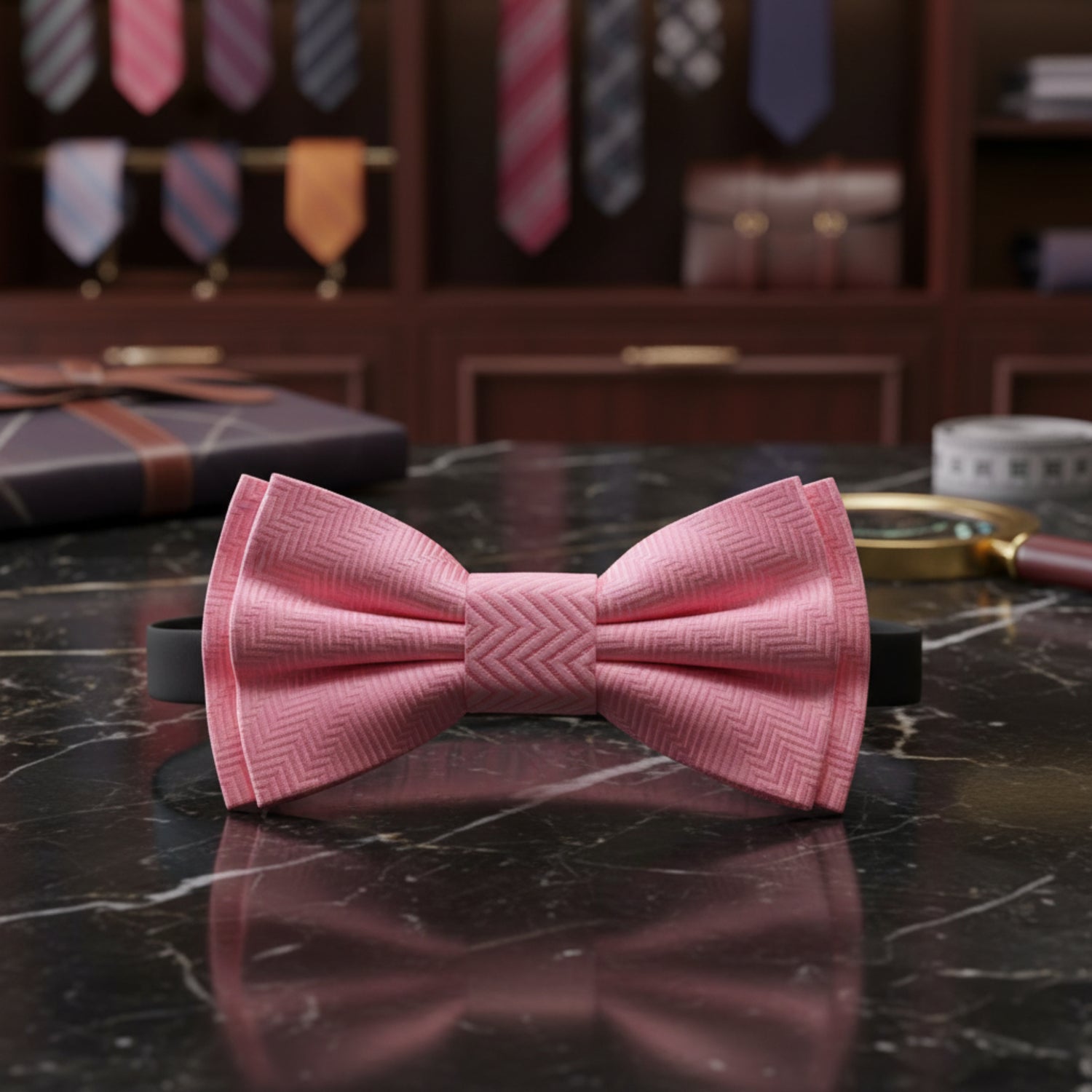 Pink bow tie with a textured pattern on a white background
