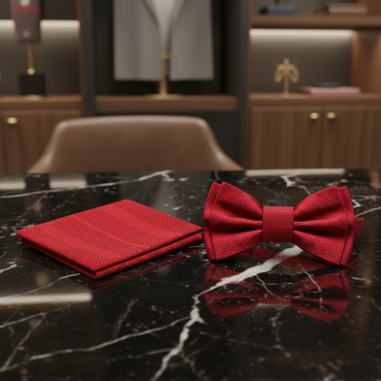 red bow tie and square on marble