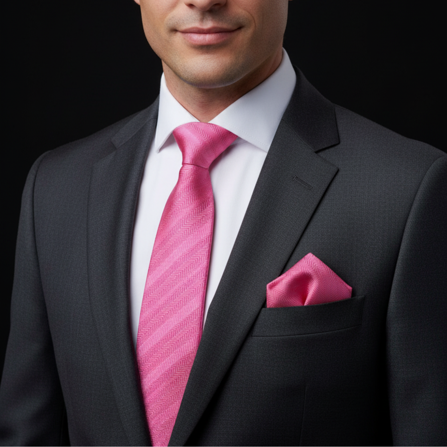 Man wearing a black suit with a pink tie and pocket square on a black background