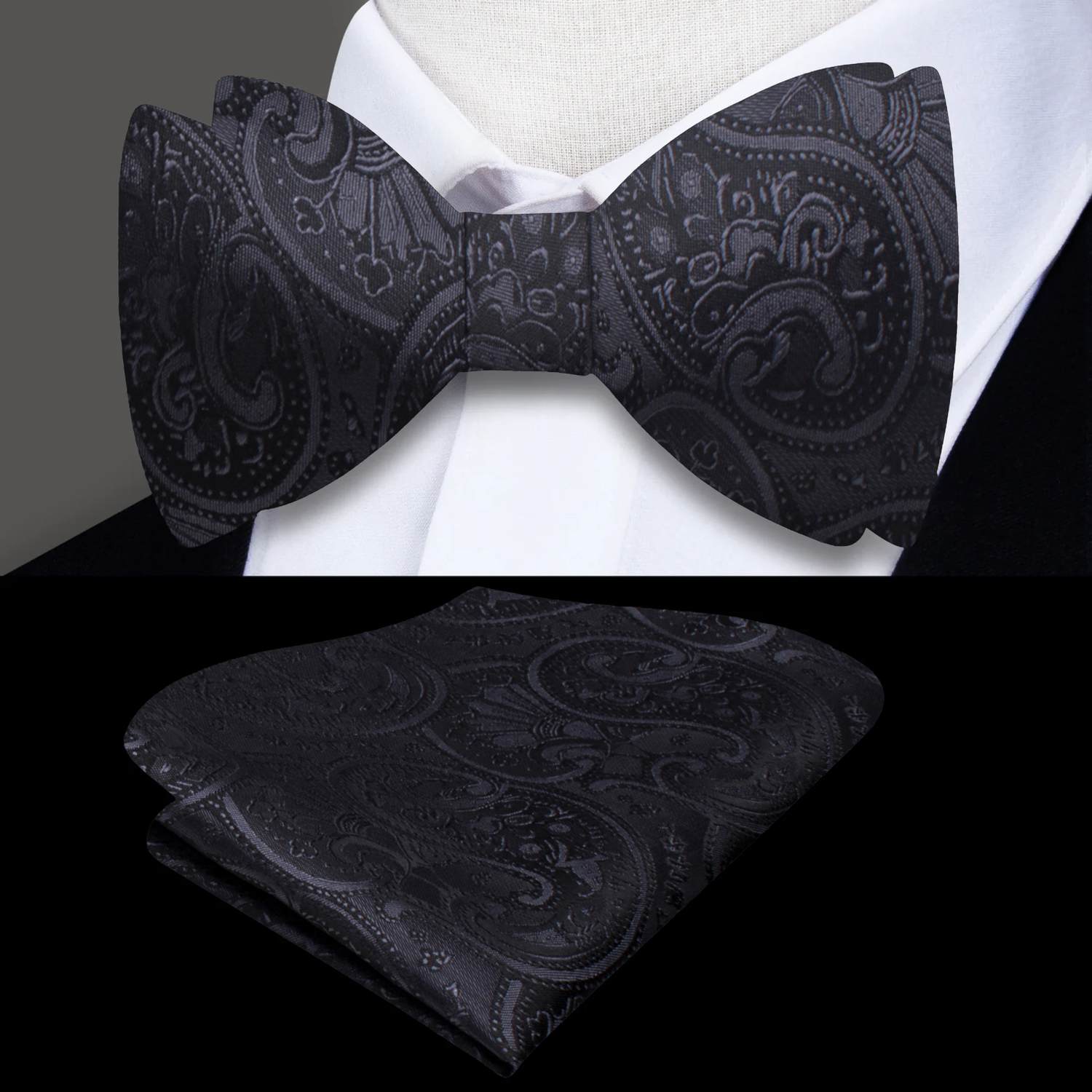 Charcoal paisley bow tie and square