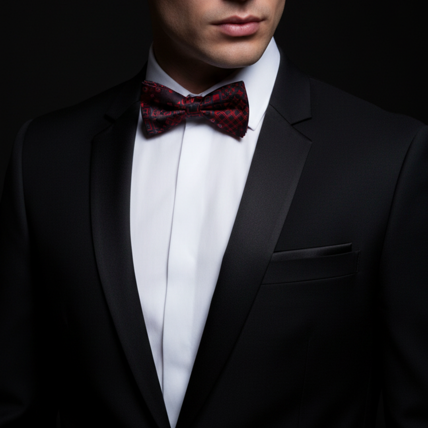Man wearing a black tuxedo with a red bow tie on a dark background